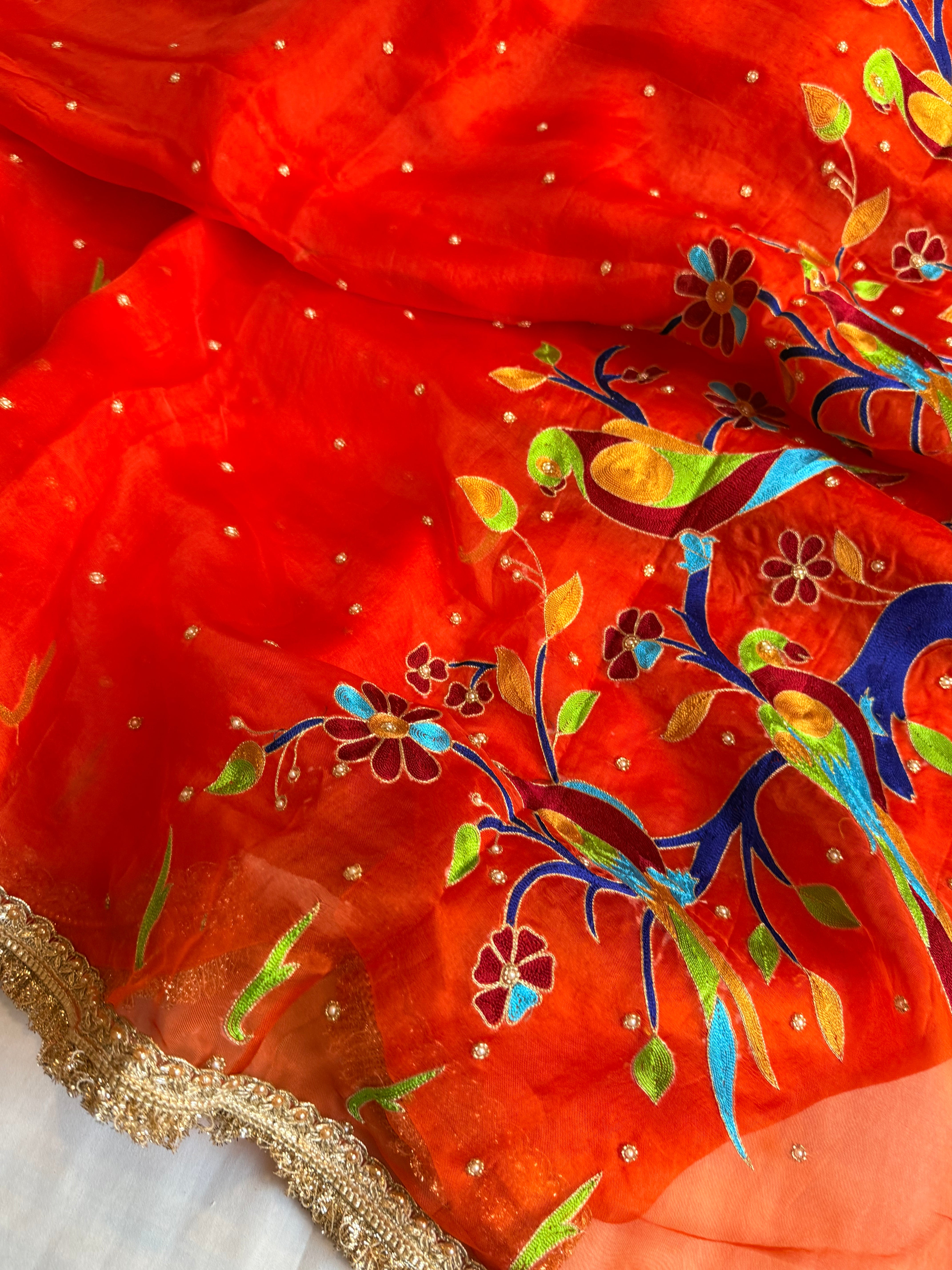 Blood red kora silk paithani meenakari hand embroidered saree