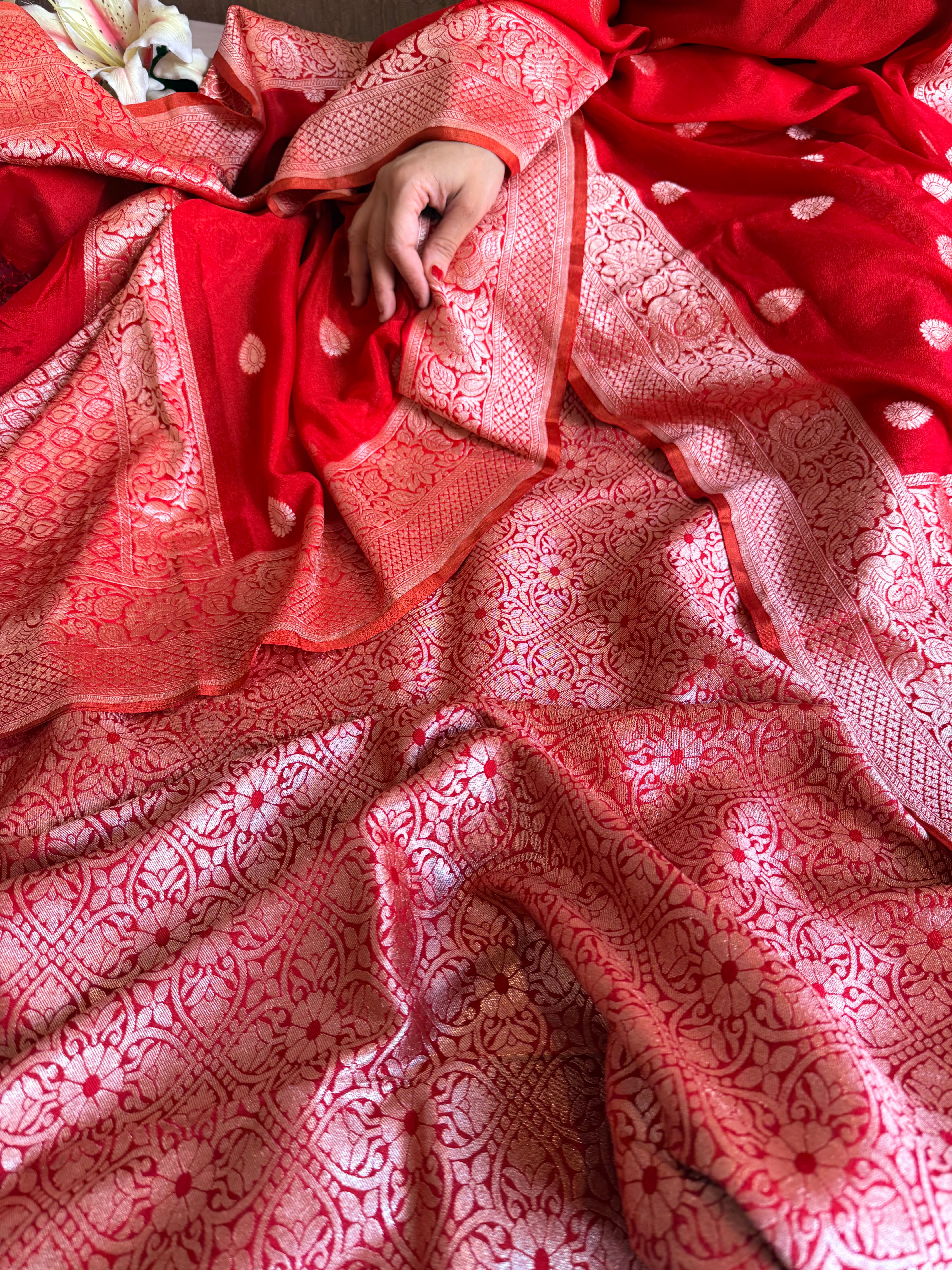 Crimson red moonga brocade ambose meenakari suit set