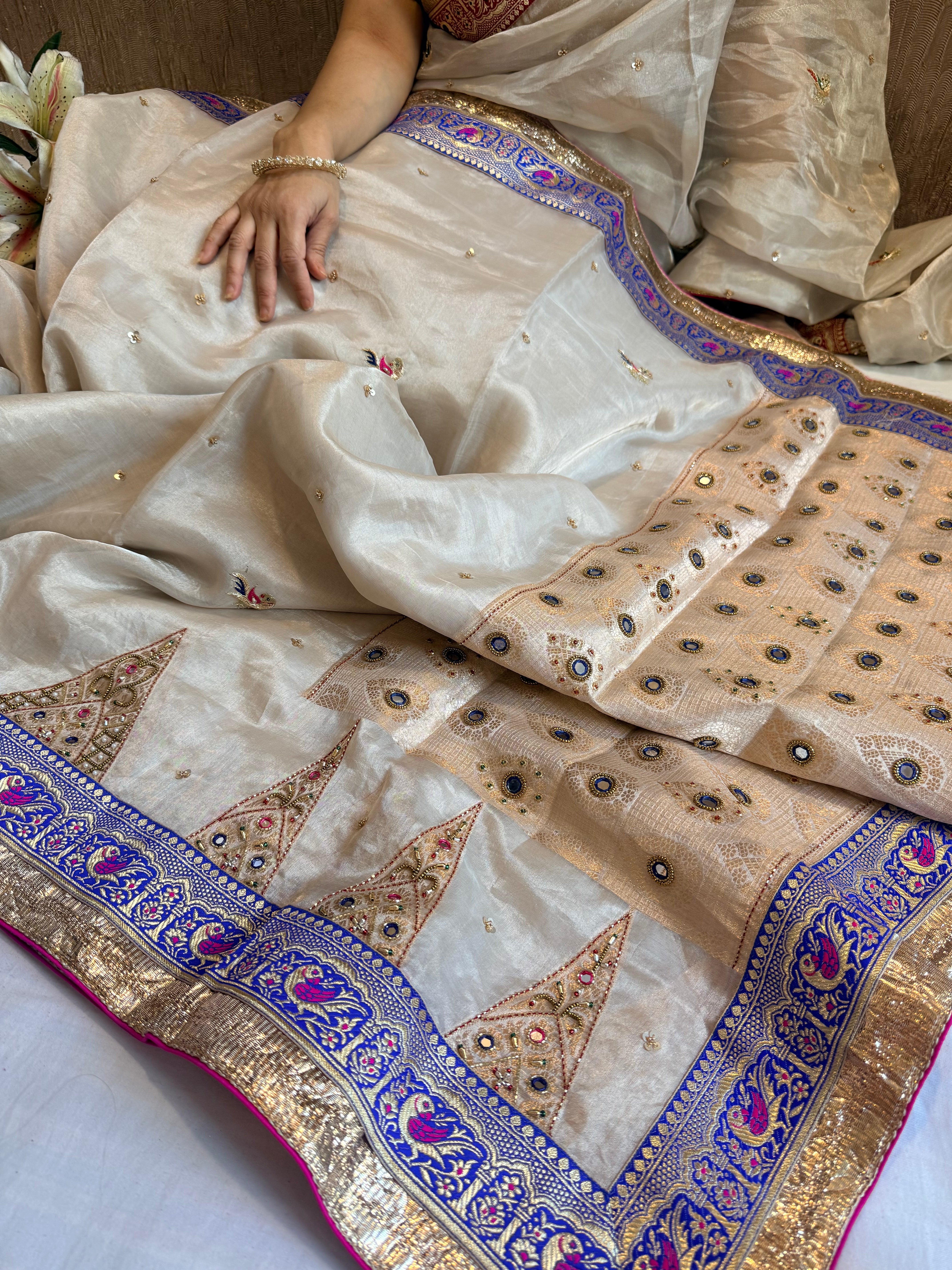 Toran temple border Ivory tissue silk patchwork hand embroidered border saree