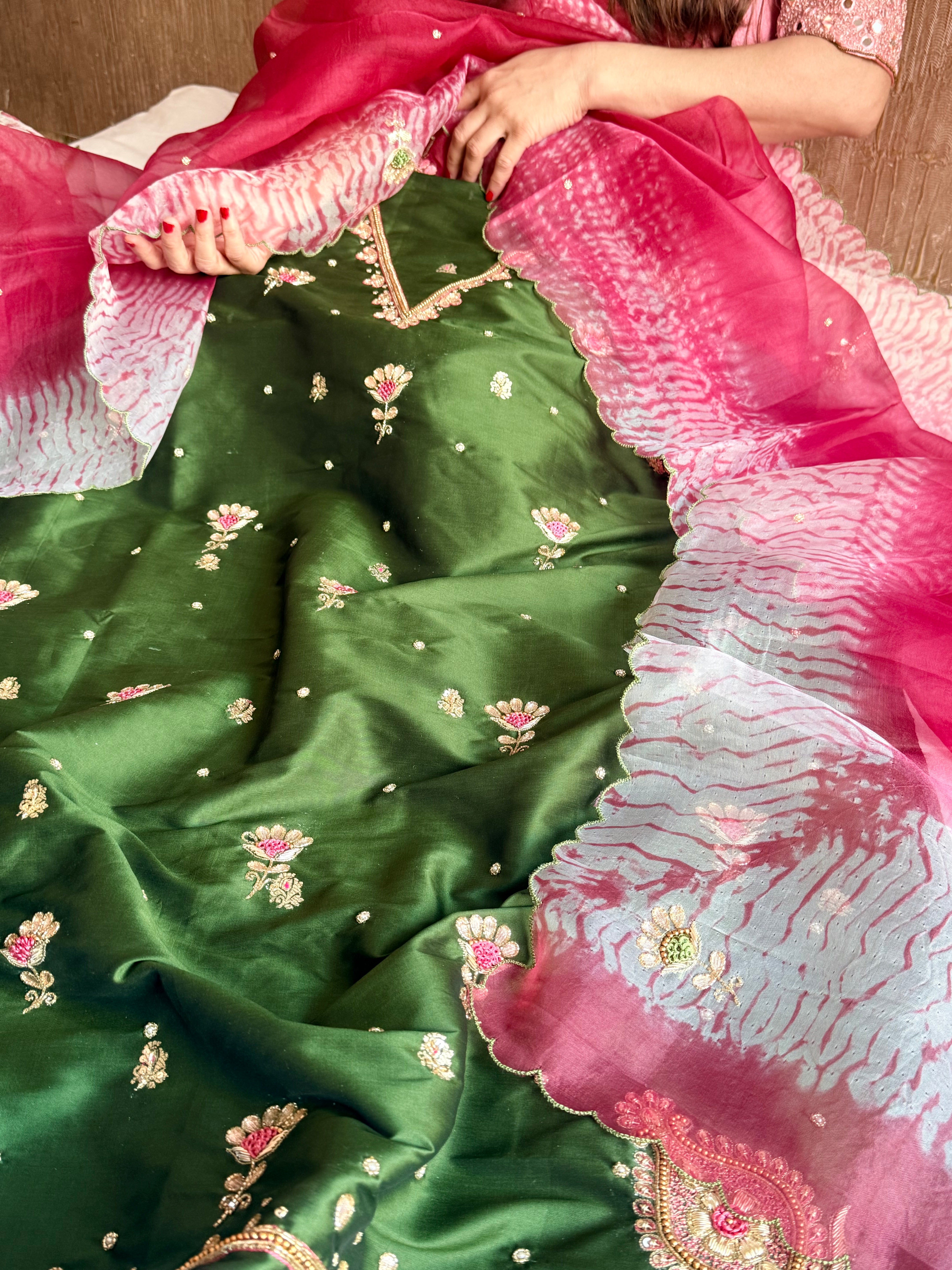 Shibori edit - Katan silk kadhwa kurta paired with hand embroidered kora shibori duppata