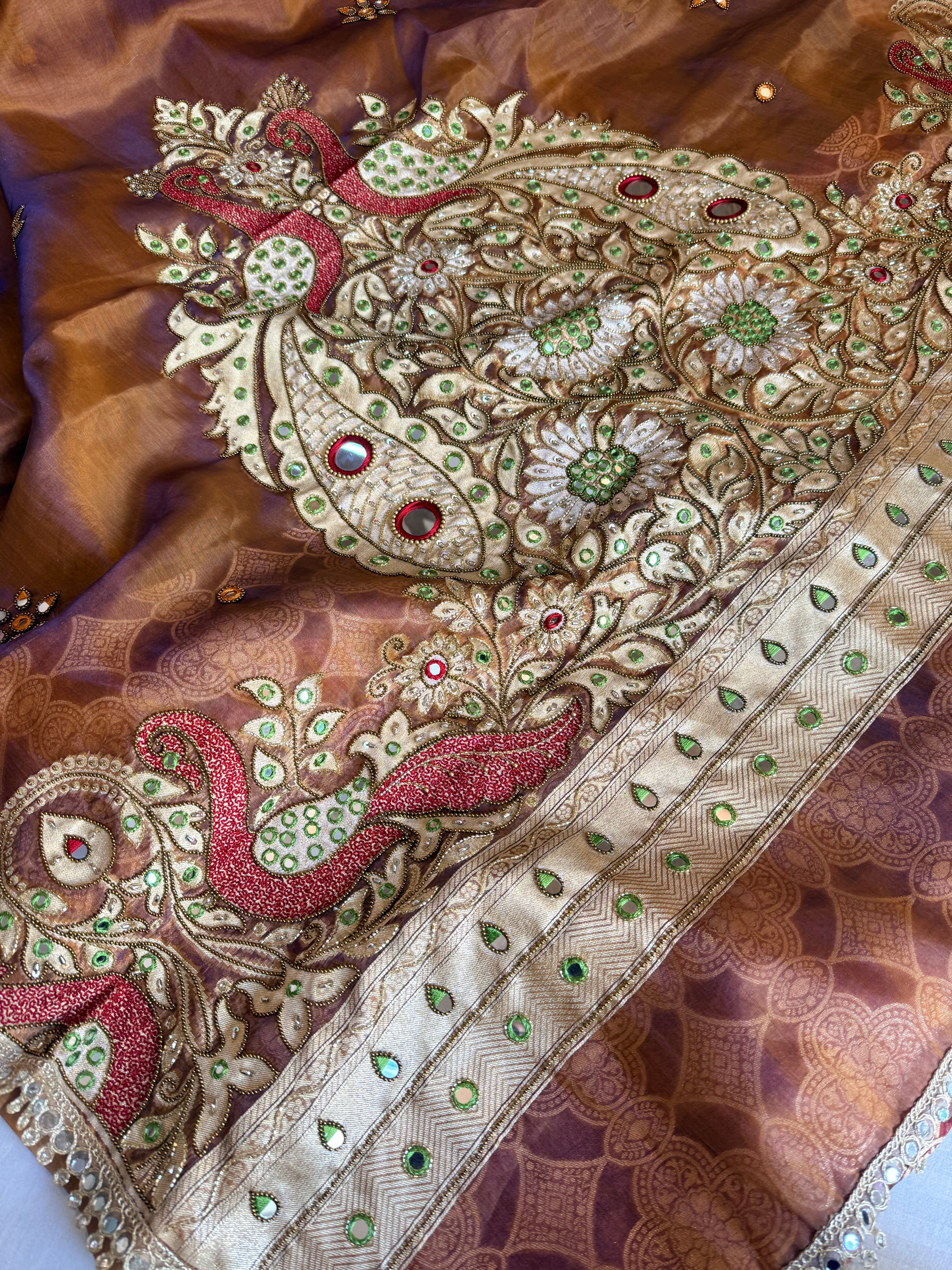 Dhup chao effect tissue silk mirrorwork hand embroidered Paithani pallu kadhwa saree