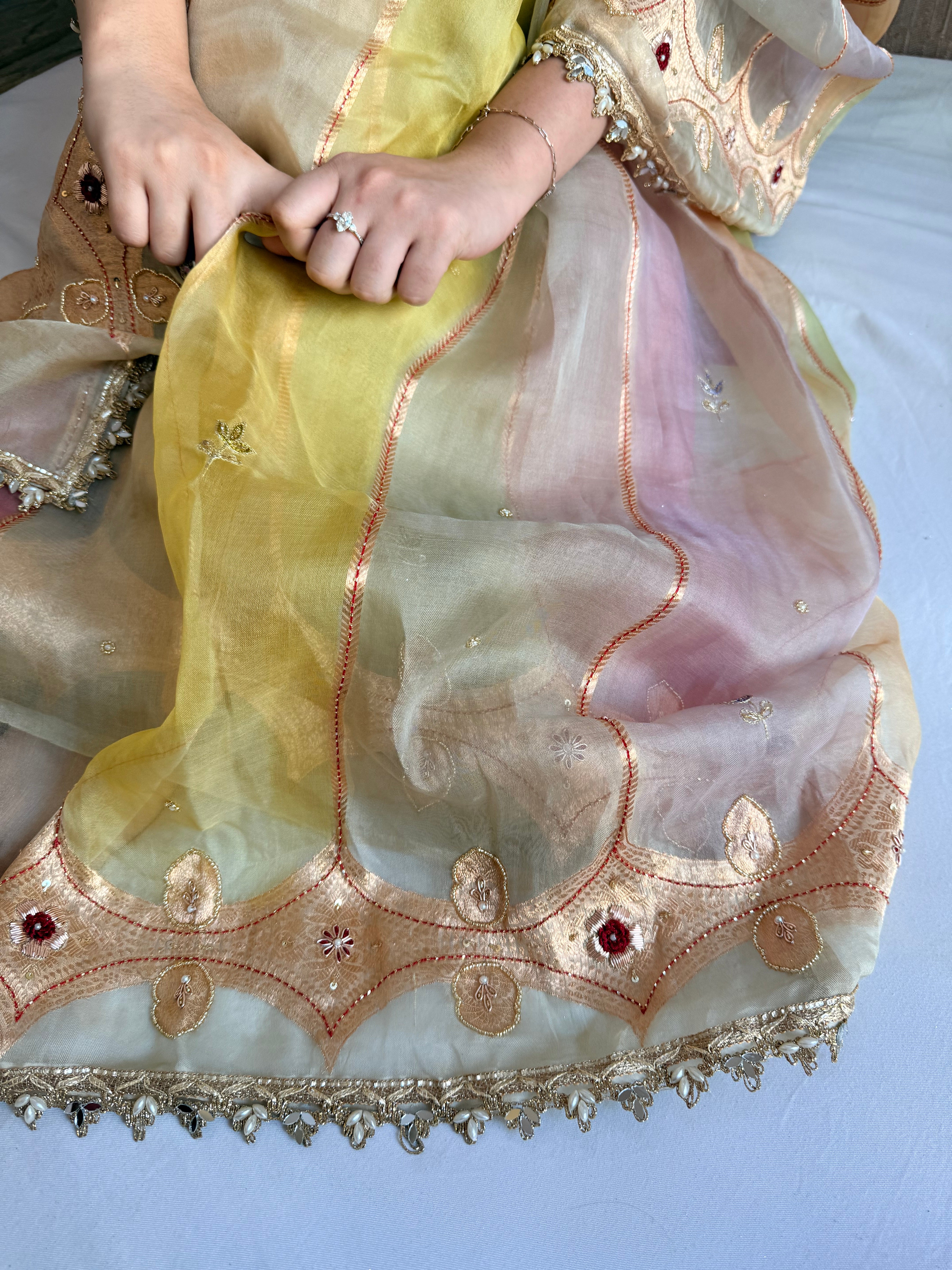 Rang birangi edit - Striped kora silk hand embroidered rangkaat saree