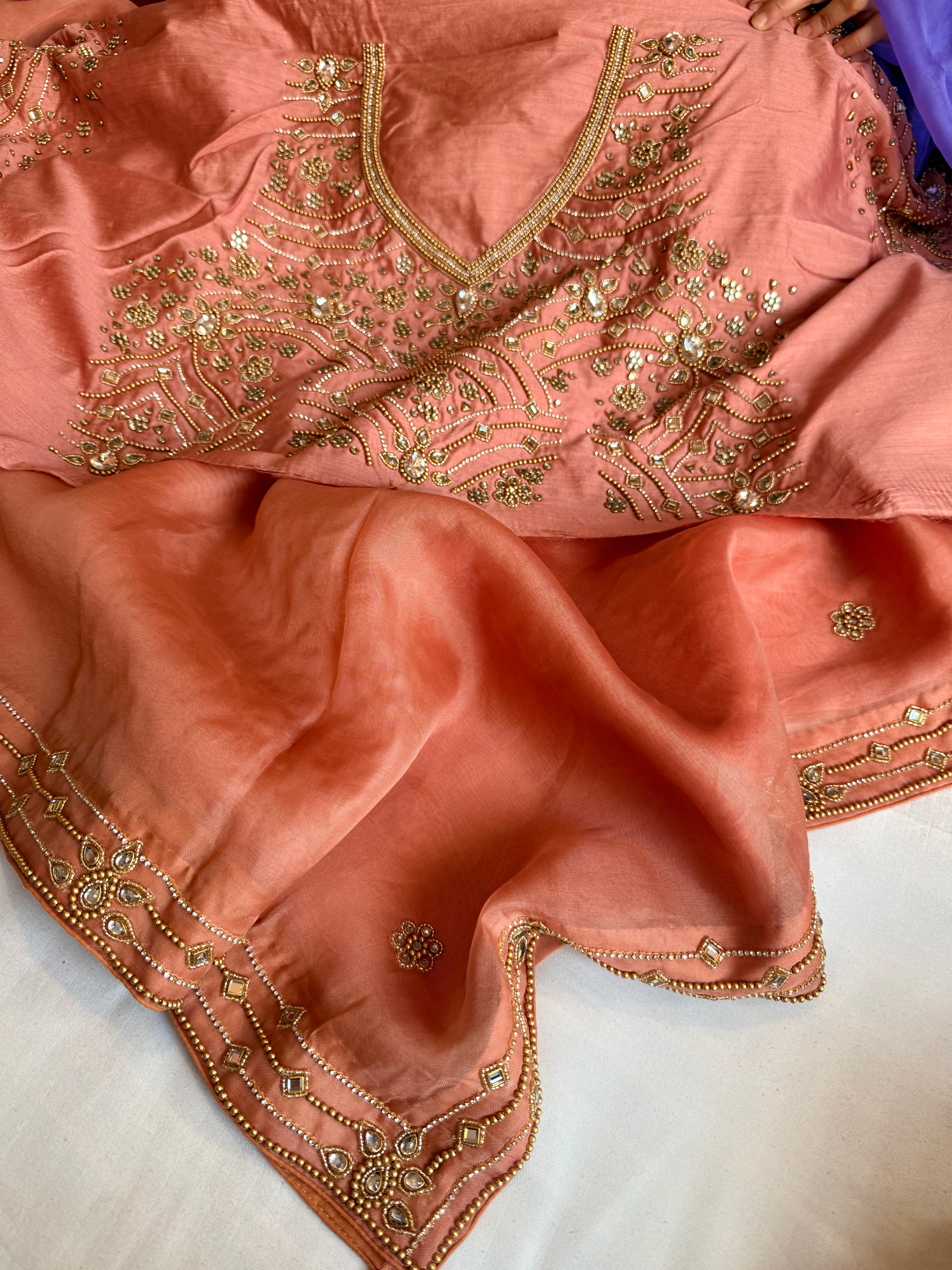 Banarasi rose peach kora silk polki hand embroidered kadhwa saree