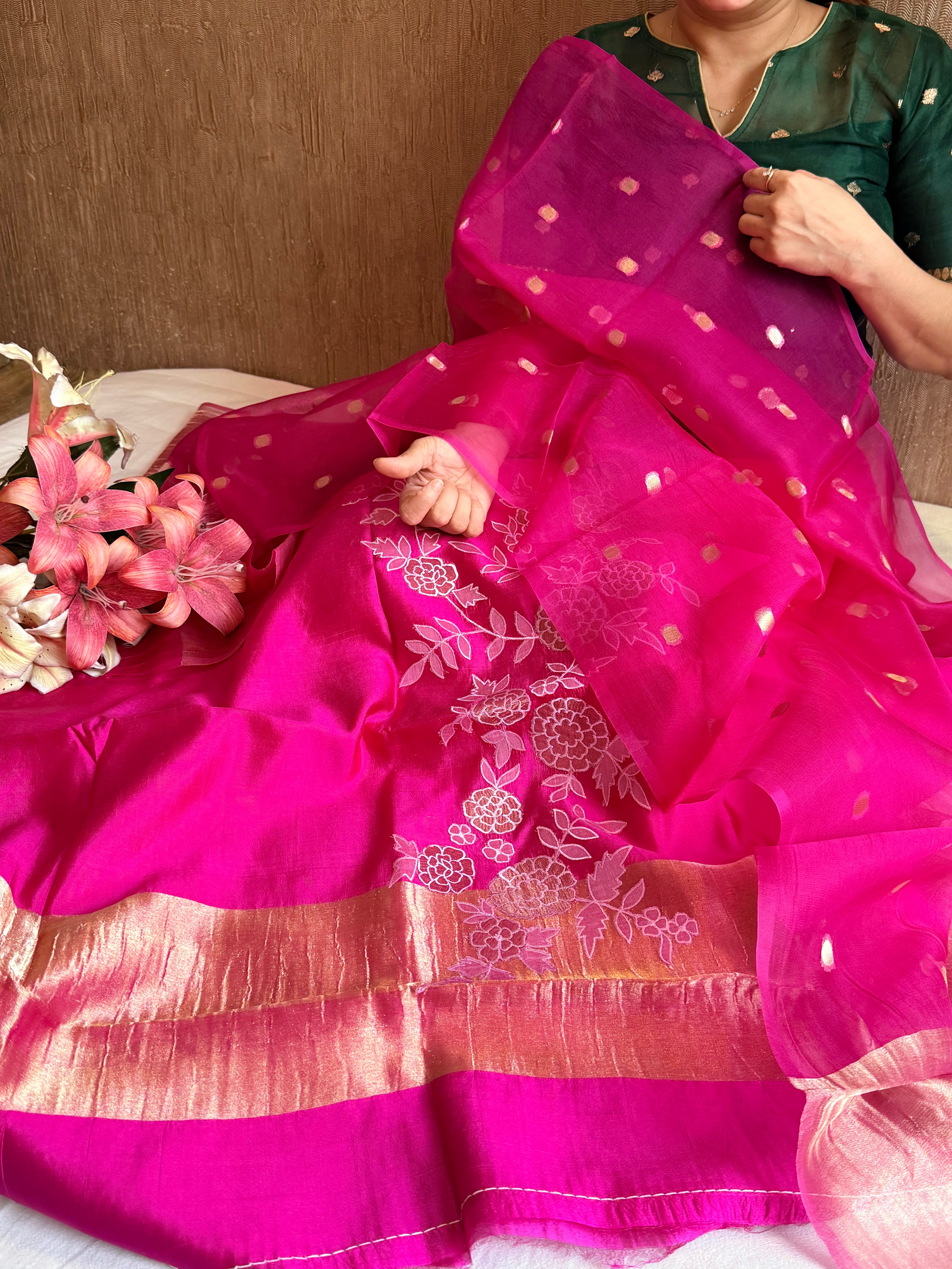 Mango tissue silk appliqué work suit set with kora tissue duppata