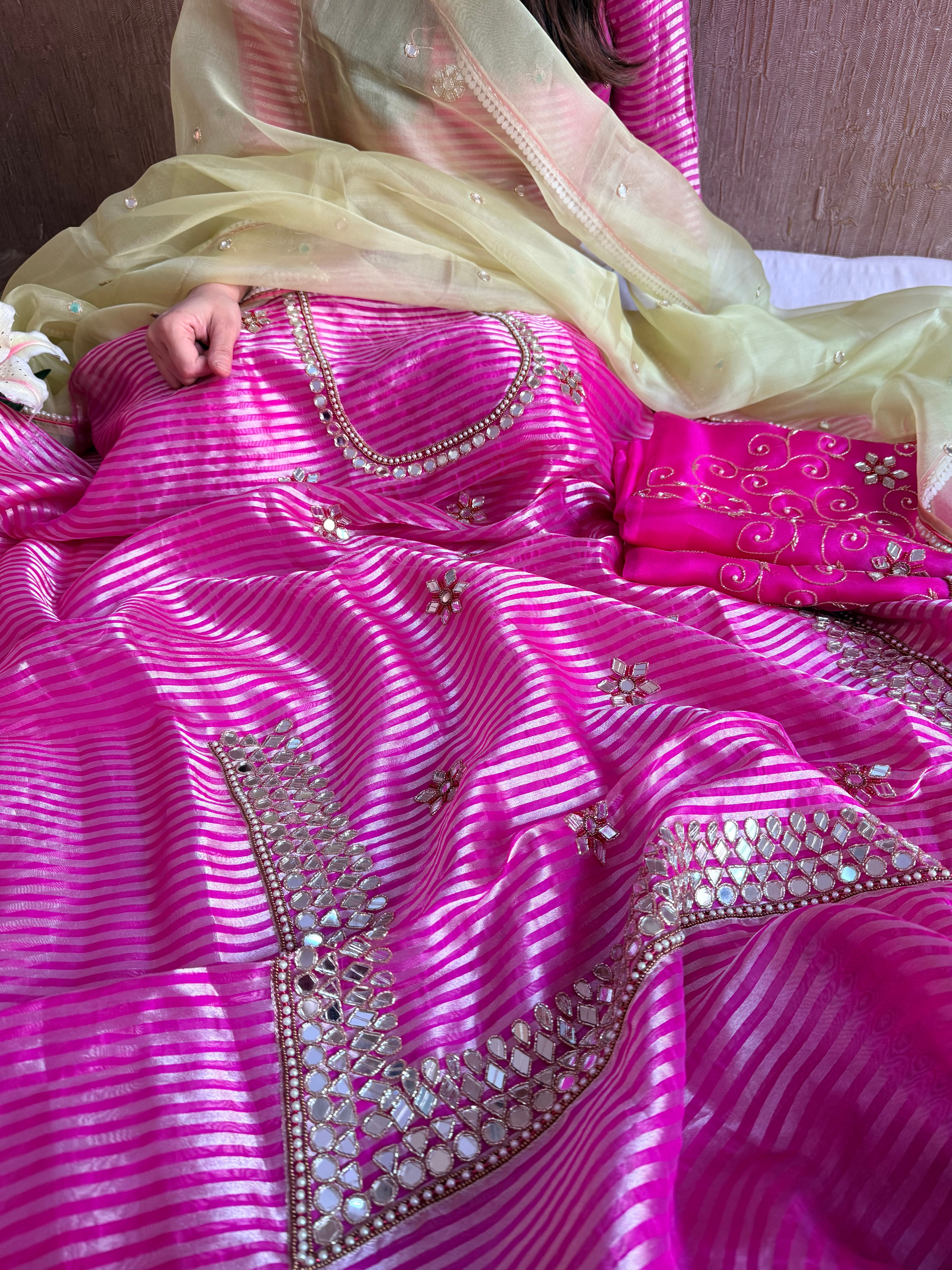 Kora silk silver zari striped mirror work edit hand embroidered kadhwa suit set