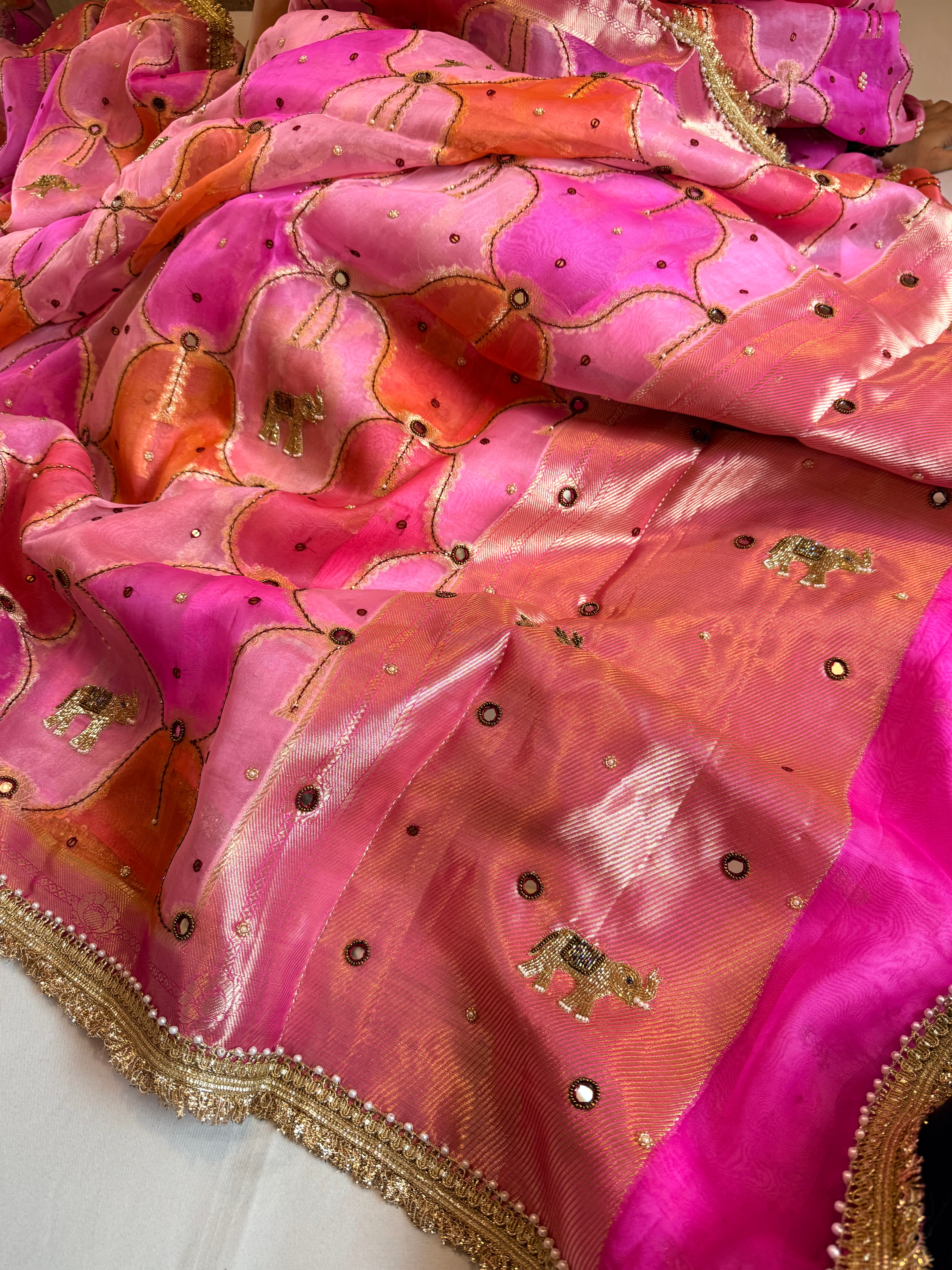Rakhi edit - Candy pink kora silk rangkaat weaving hand embroidered saree