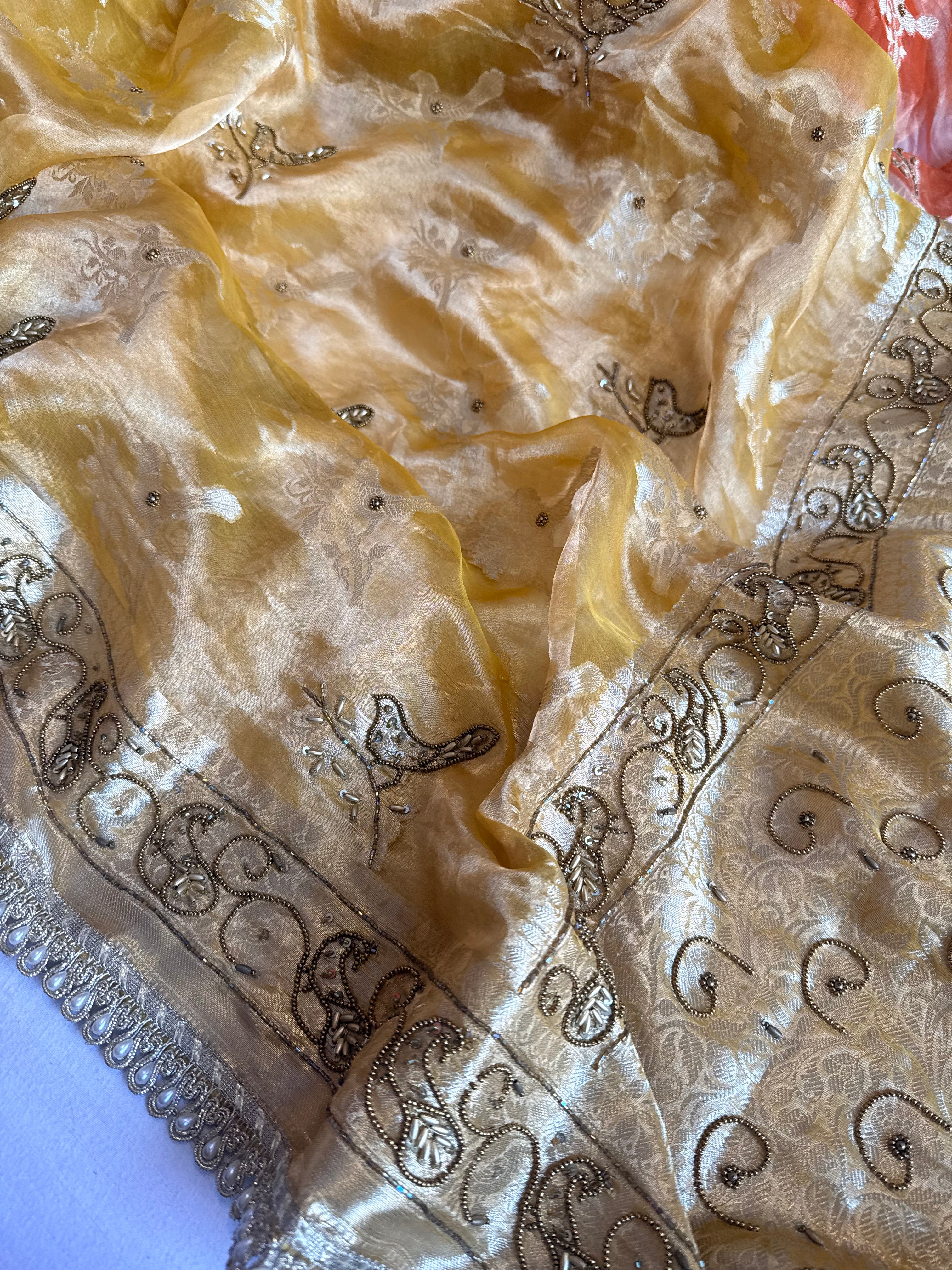 Chiraiya wali saree - Butter gold tissue silk figure motif weaving and hand embroidered saree