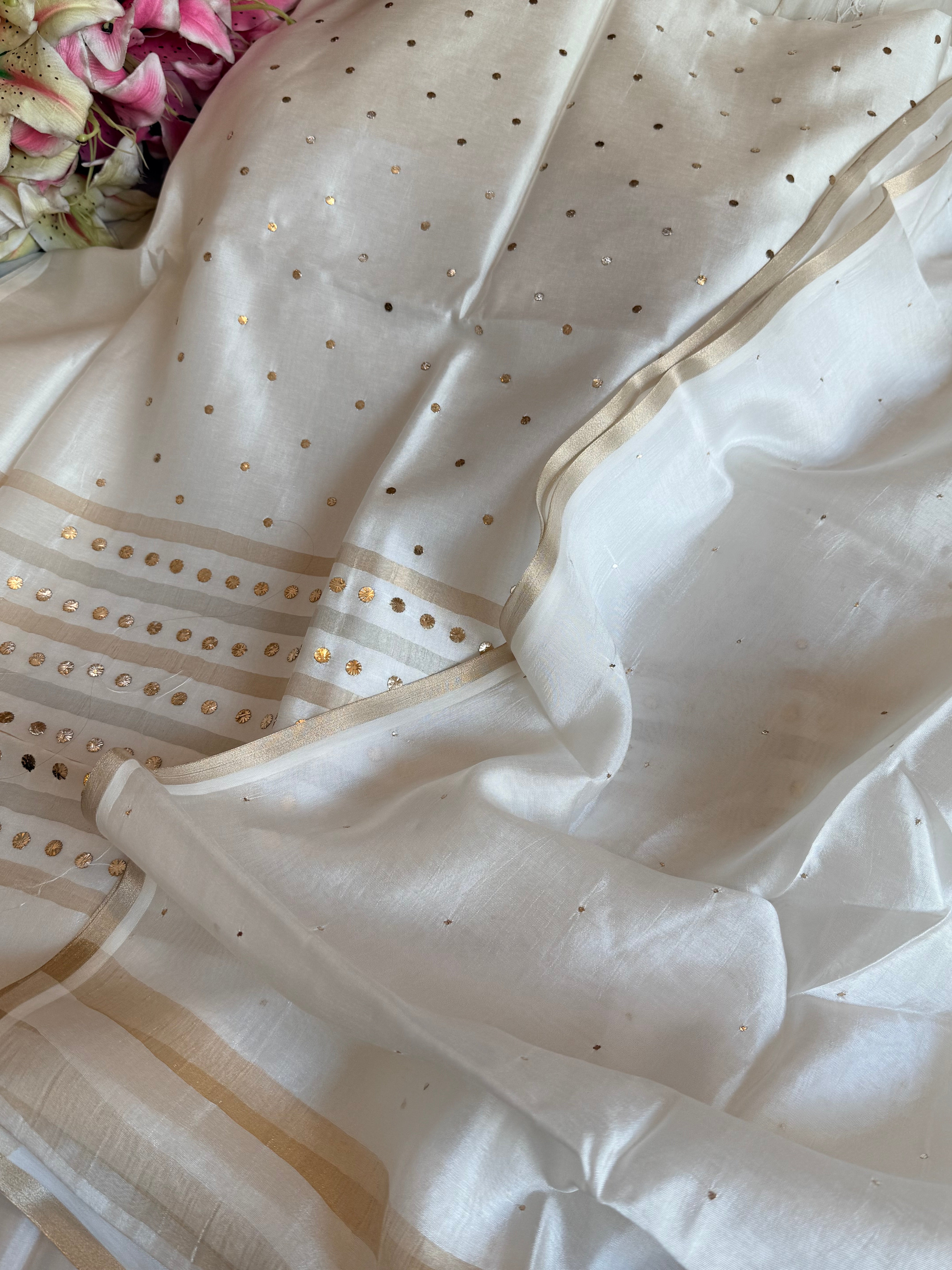 Pearl white spun chiniya silk mukaish hand embroidered suit sets