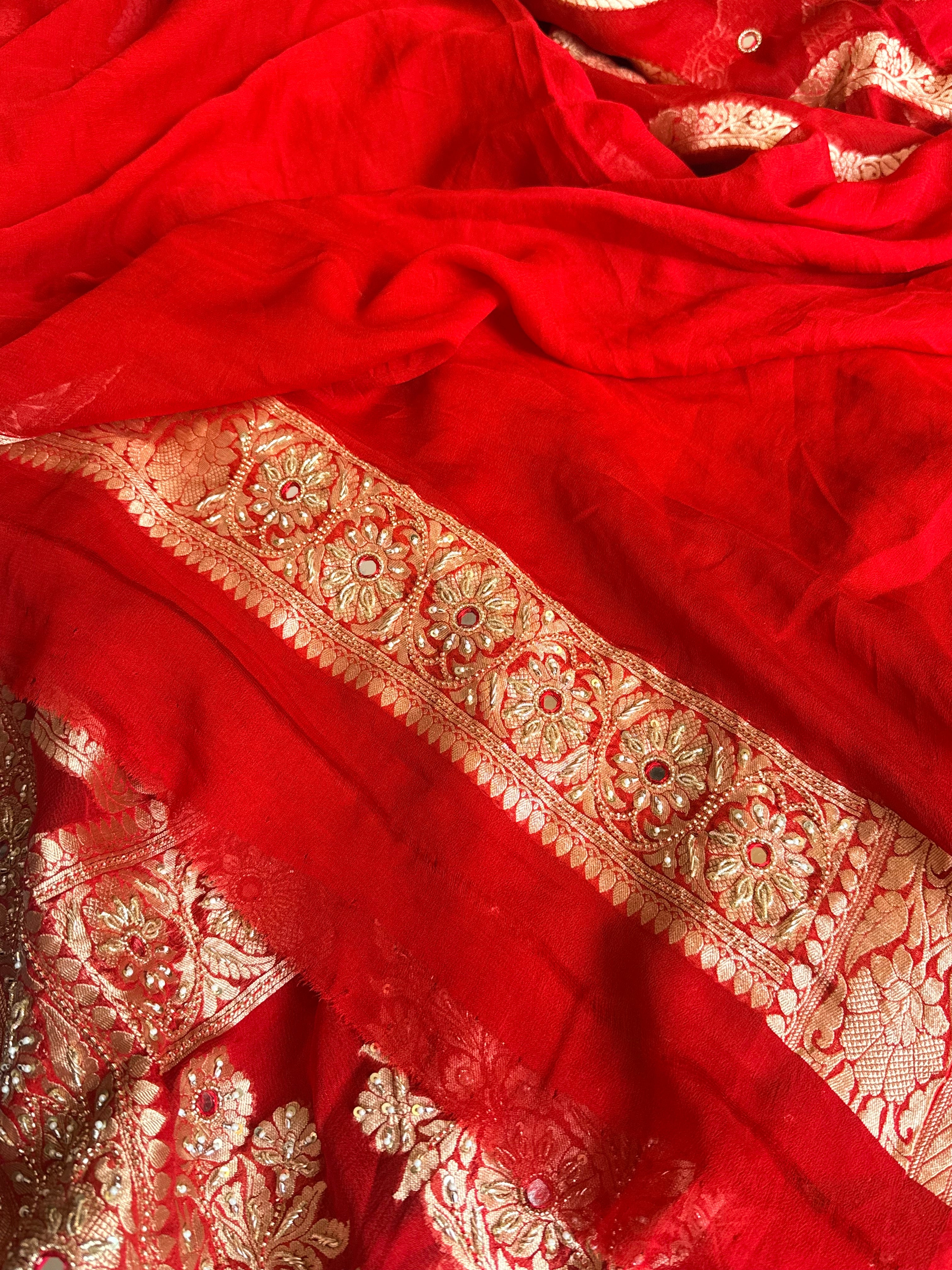 Bridal red chiffon gorgette hand embroidered kadhwa saree