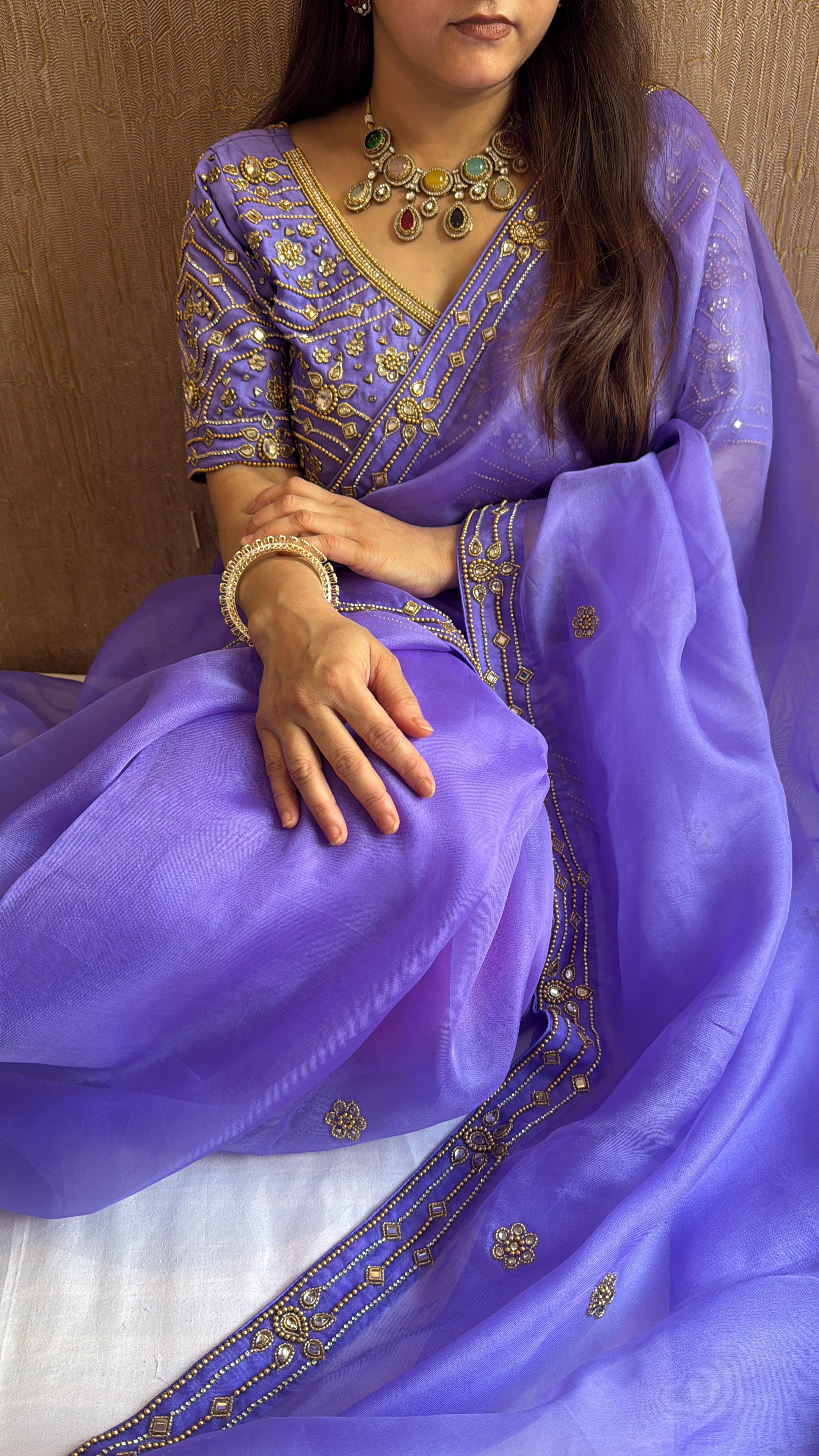 Banarasi violet kora silk polki hand embroidered kadhwa saree