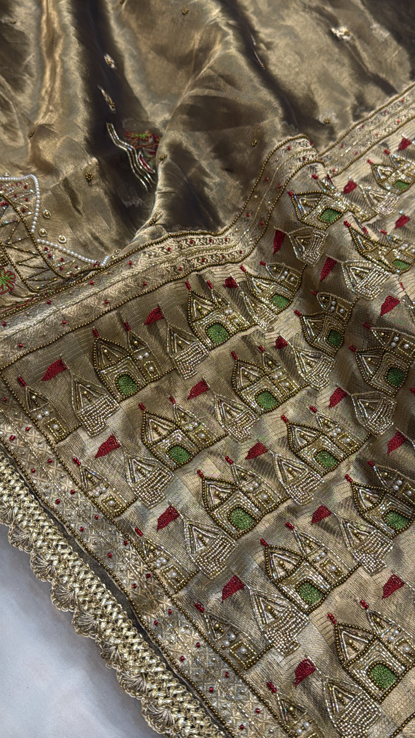 Gangakinare edit molten gold tissue silk hand embroidered saree