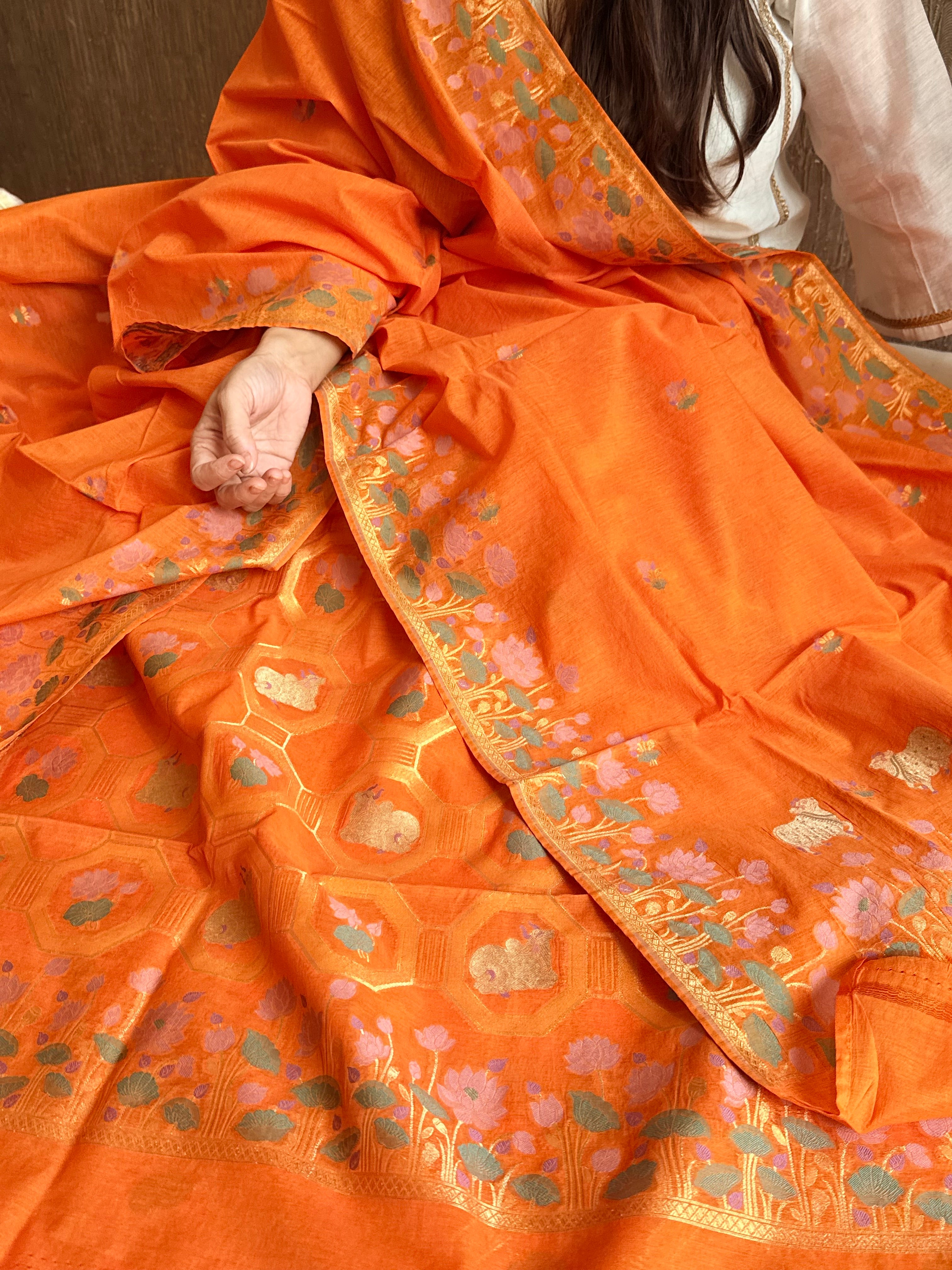 Mul cotton banarasi meenakari nandu motif suit sets