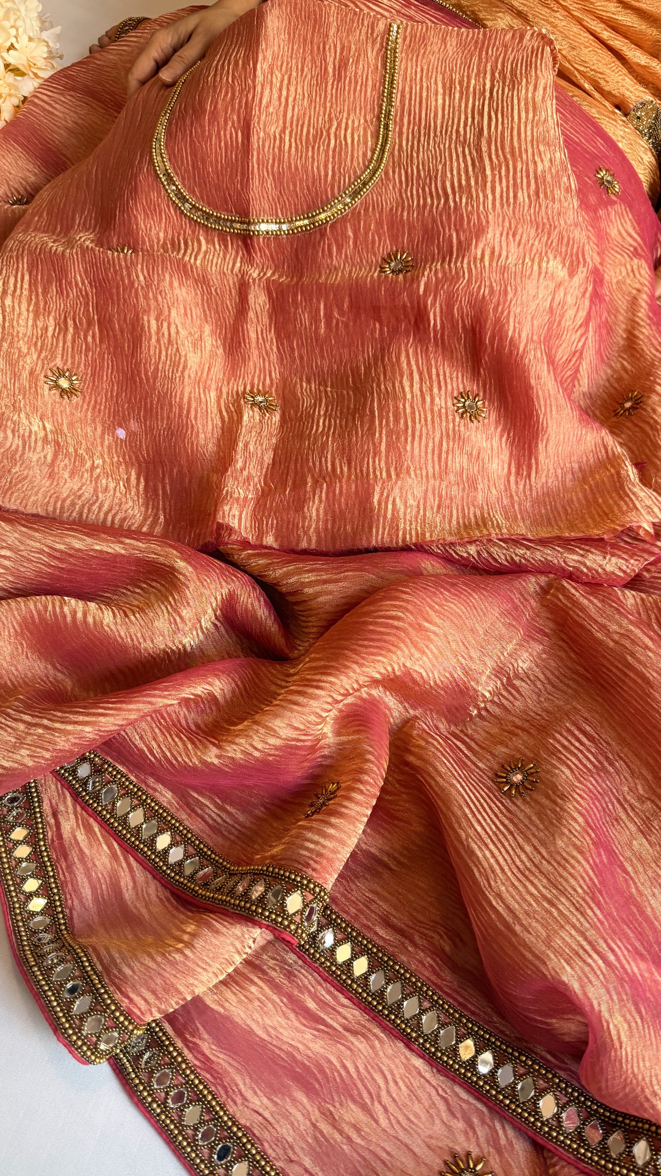 Mirrorwork edit gajri pink crushed tissue silk hand embroidered saree
