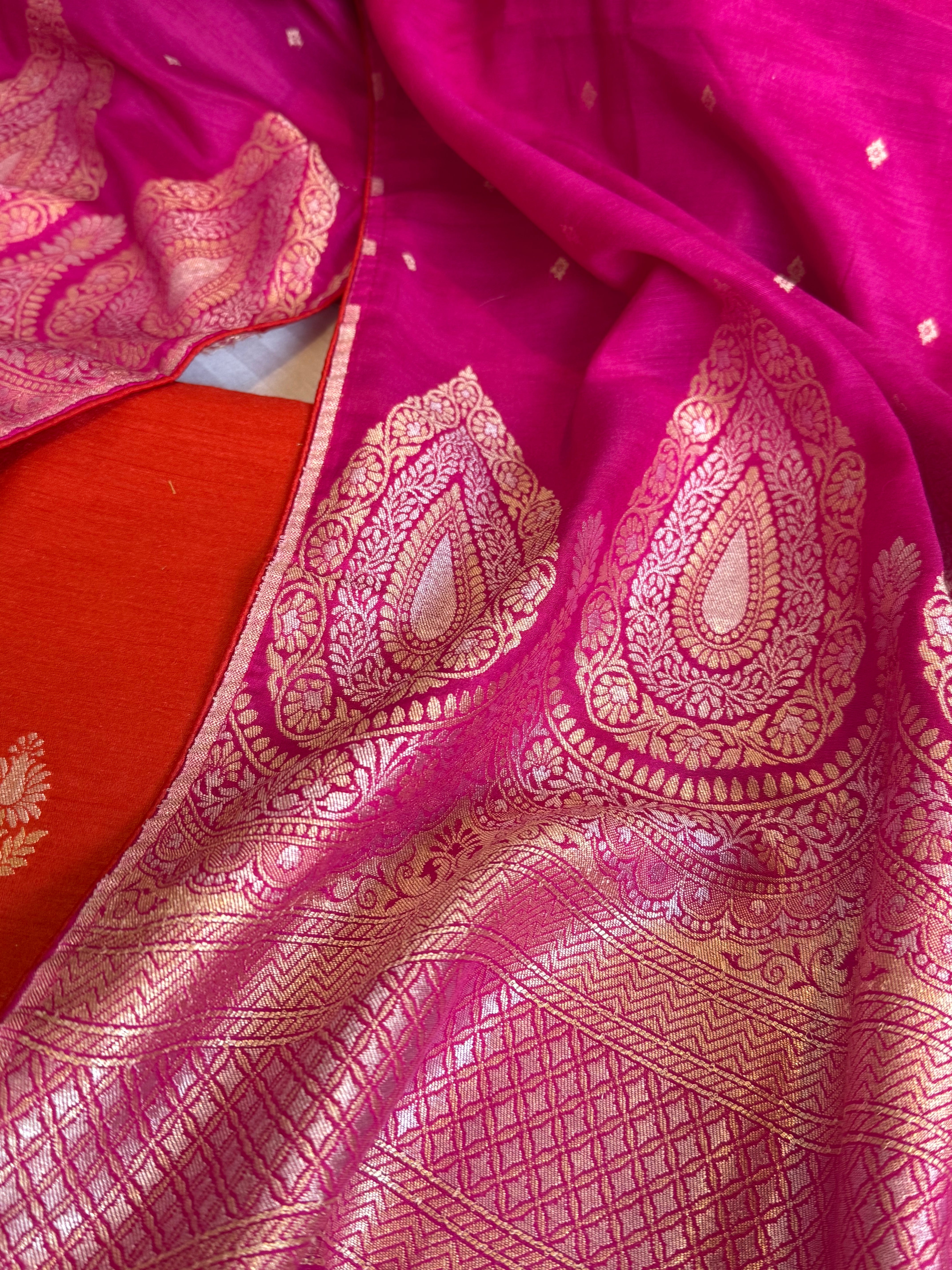 Moonga silk fanta orange - hot pink kadhwa suit set with latkans