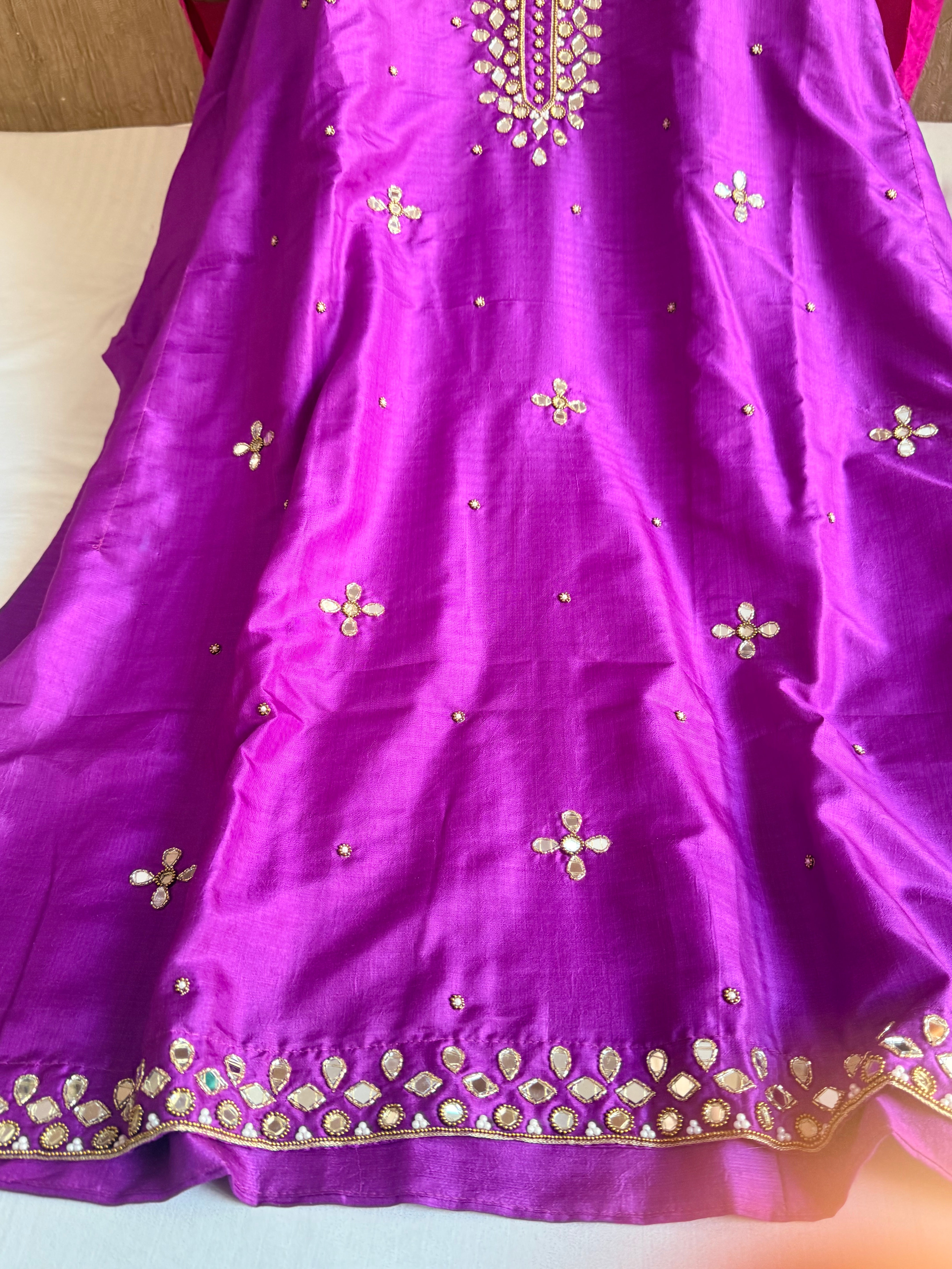 Mashru satin silk banarasi mirrorwork free size kaftan set with bottom