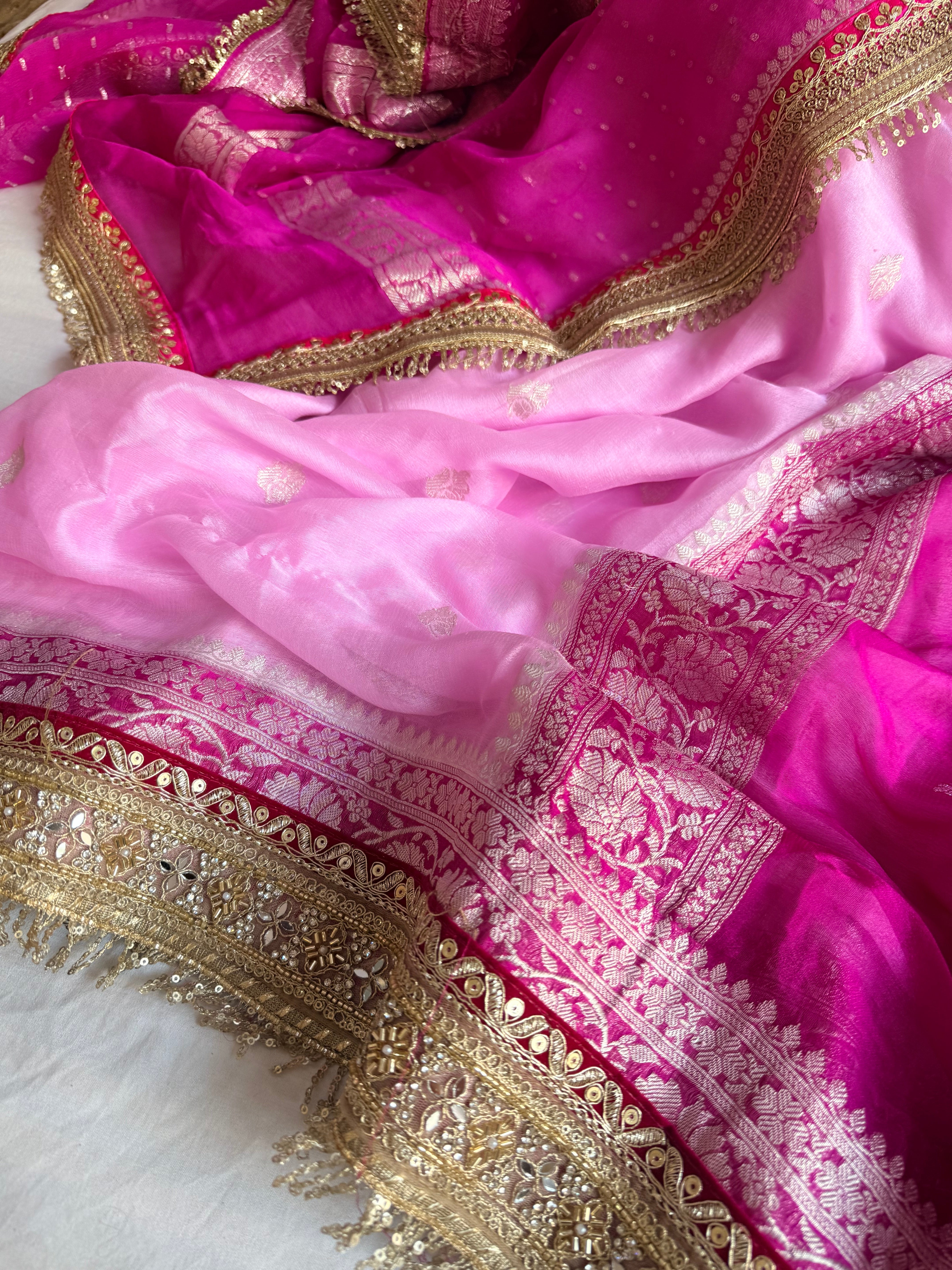 Sridevi edit - Chiffon banarasi gorgette chap dye kadhwa saree duppata set