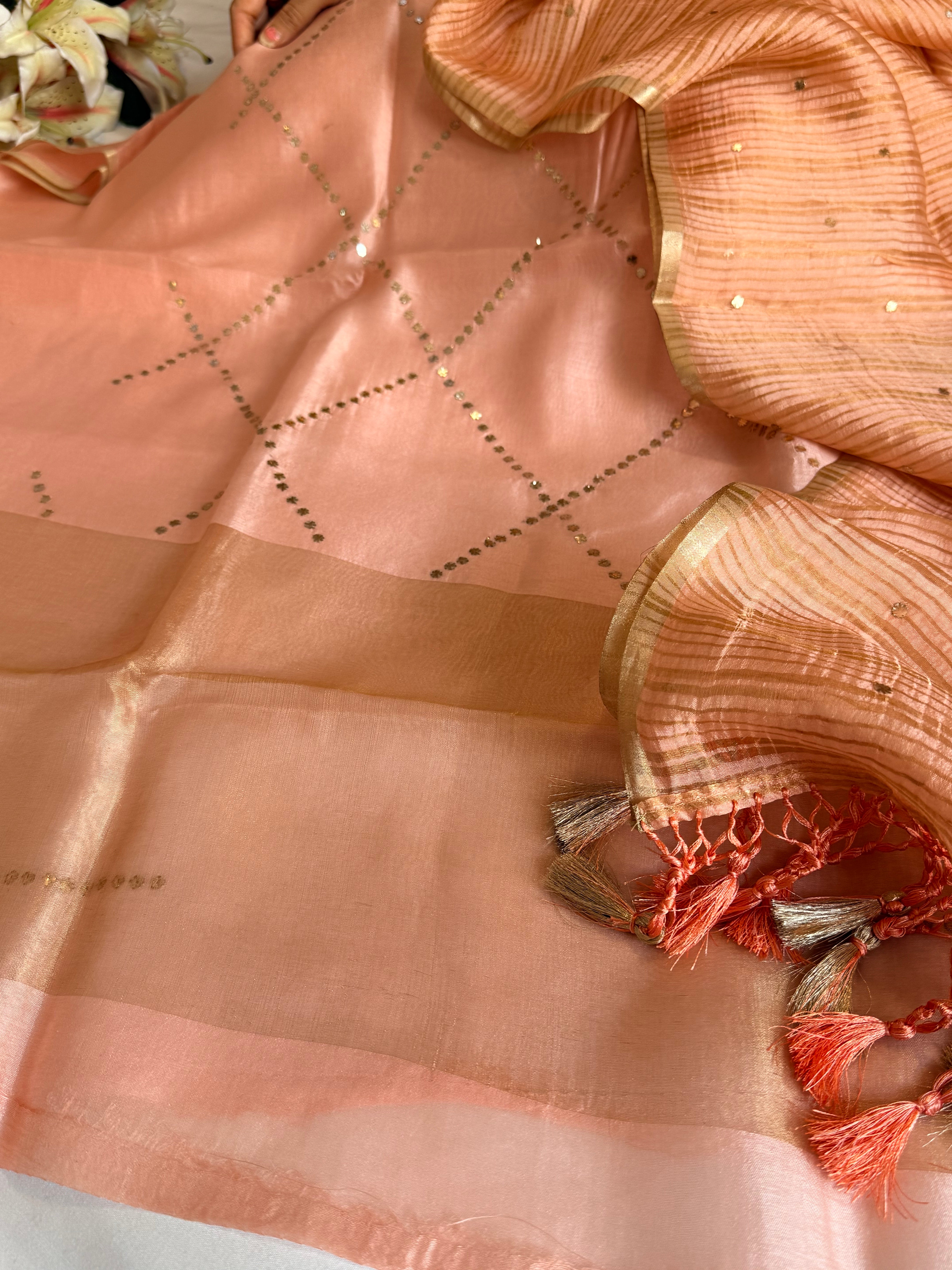Summer suit edit - Spun chiniya silk mukaish work peach shade hand embroidered suit set
