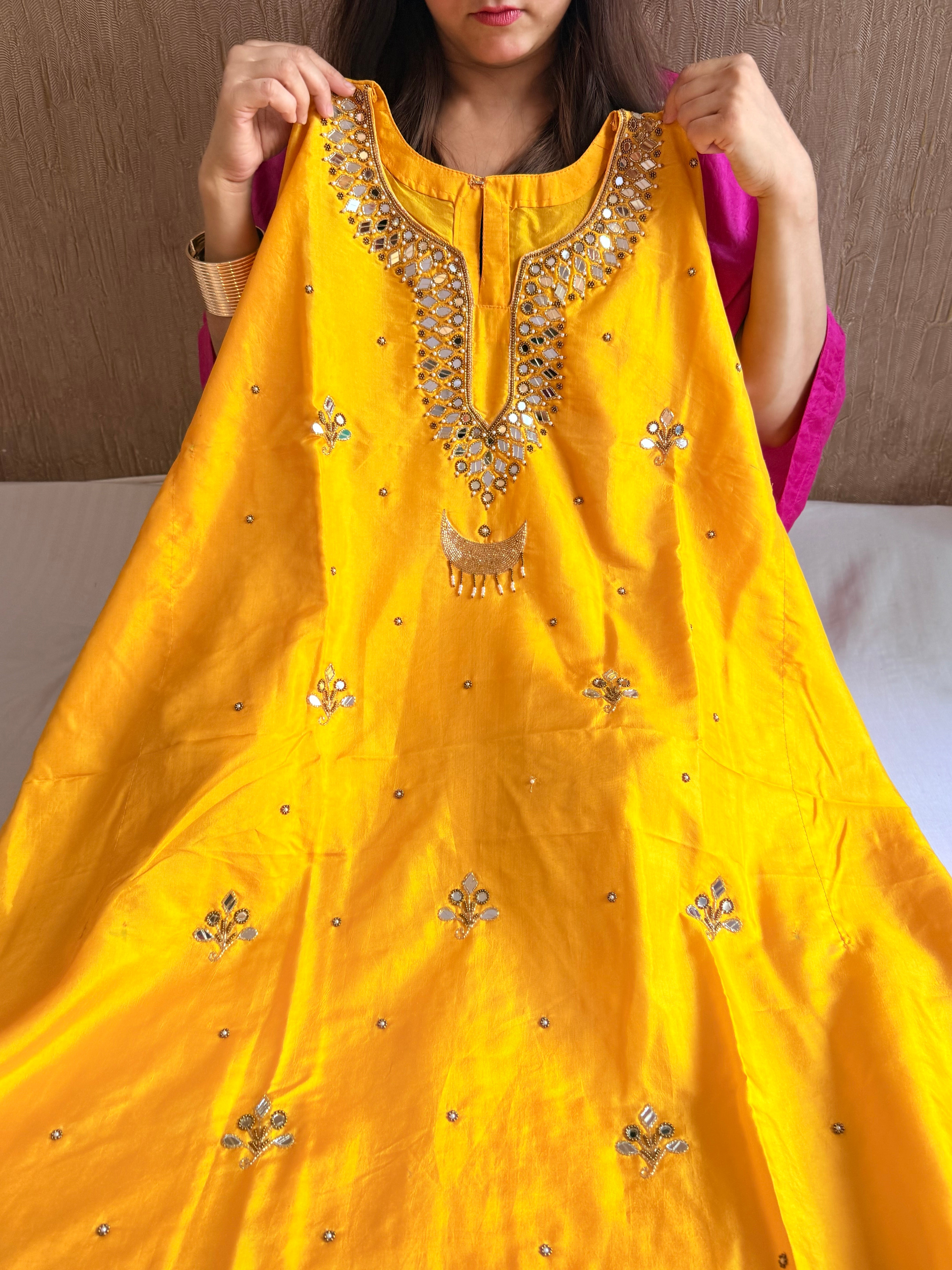 Mashru satin silk banarasi mirrorwork free size kaftan set with bottom