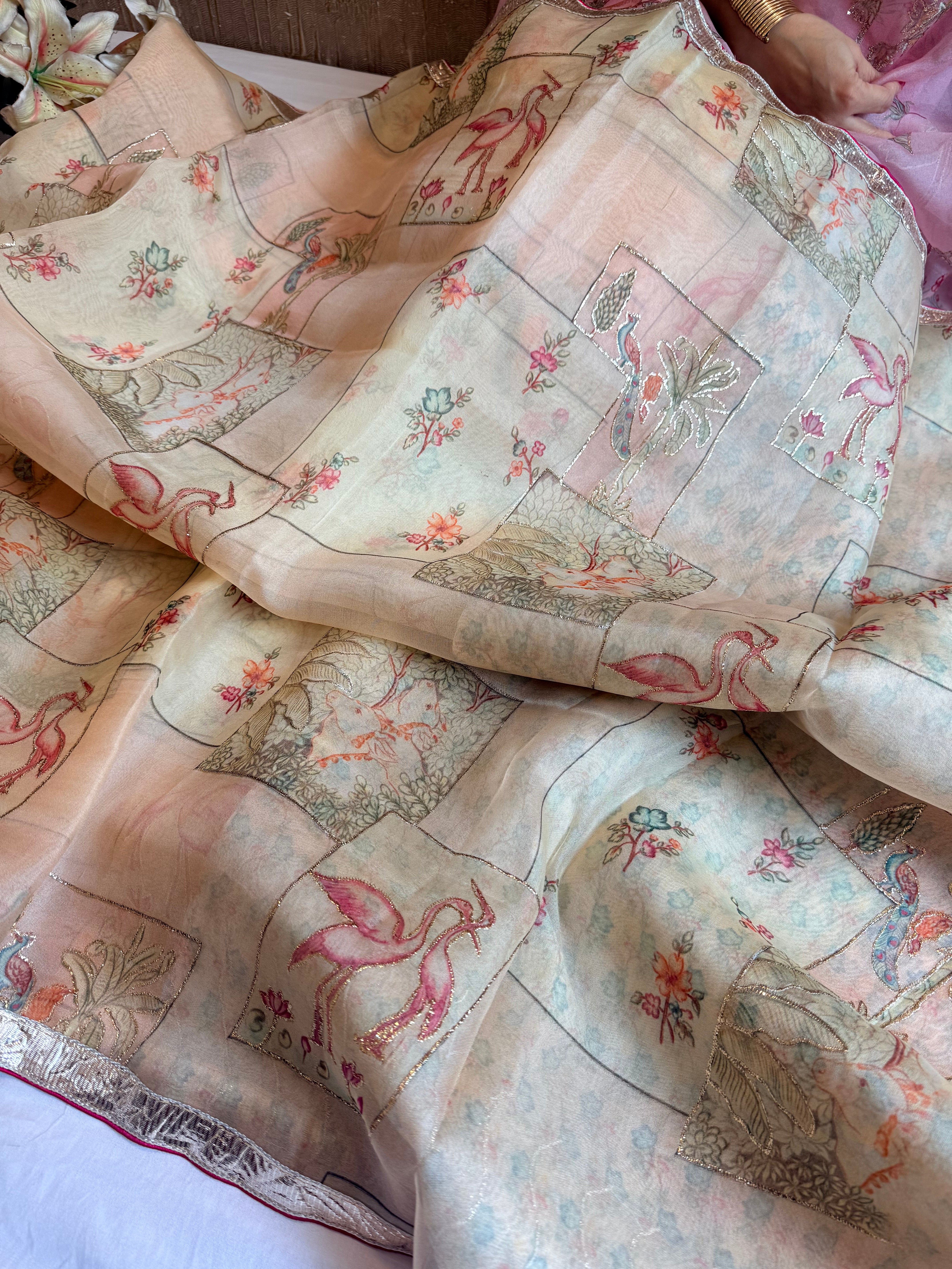 Kora silk printed lampi gotapatti hand embroidered saree