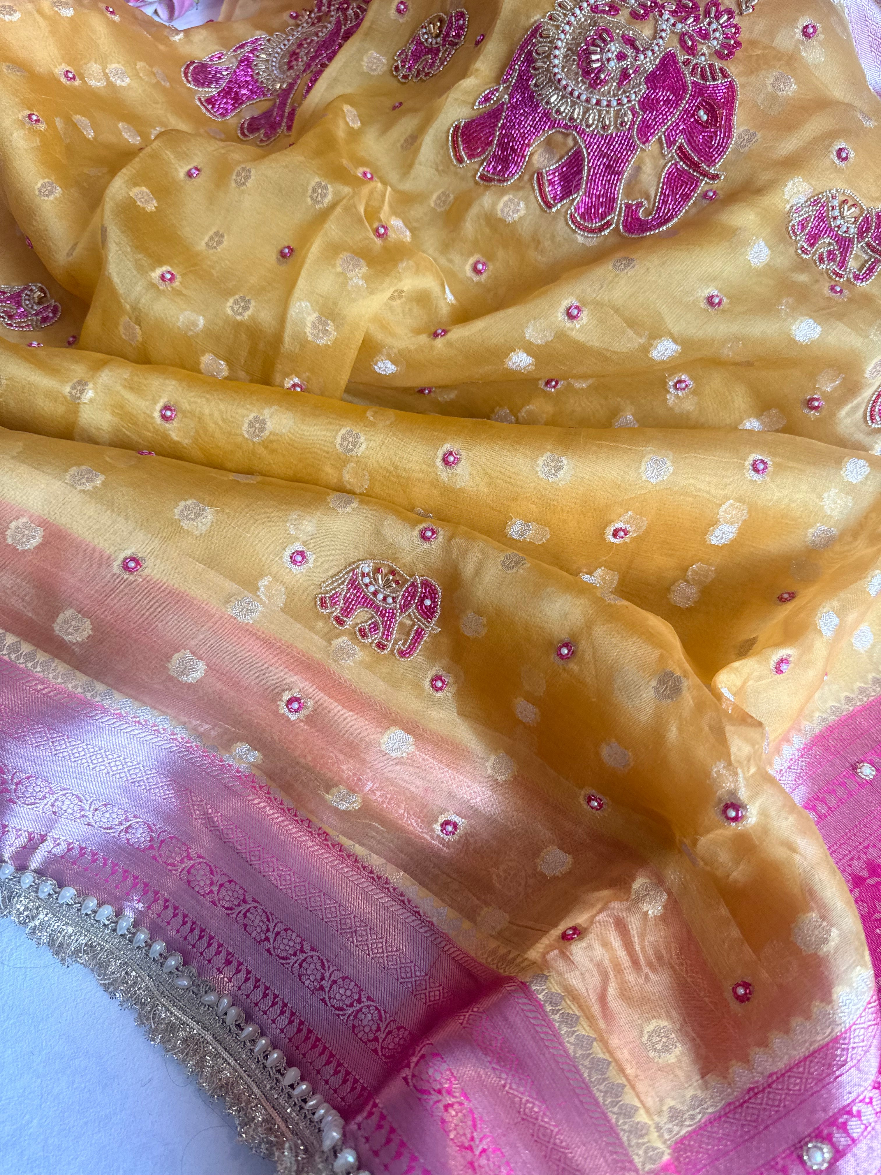Gulabi meenakari hathi haldi yellow kora silk kadhwa buti hand embroidered saree