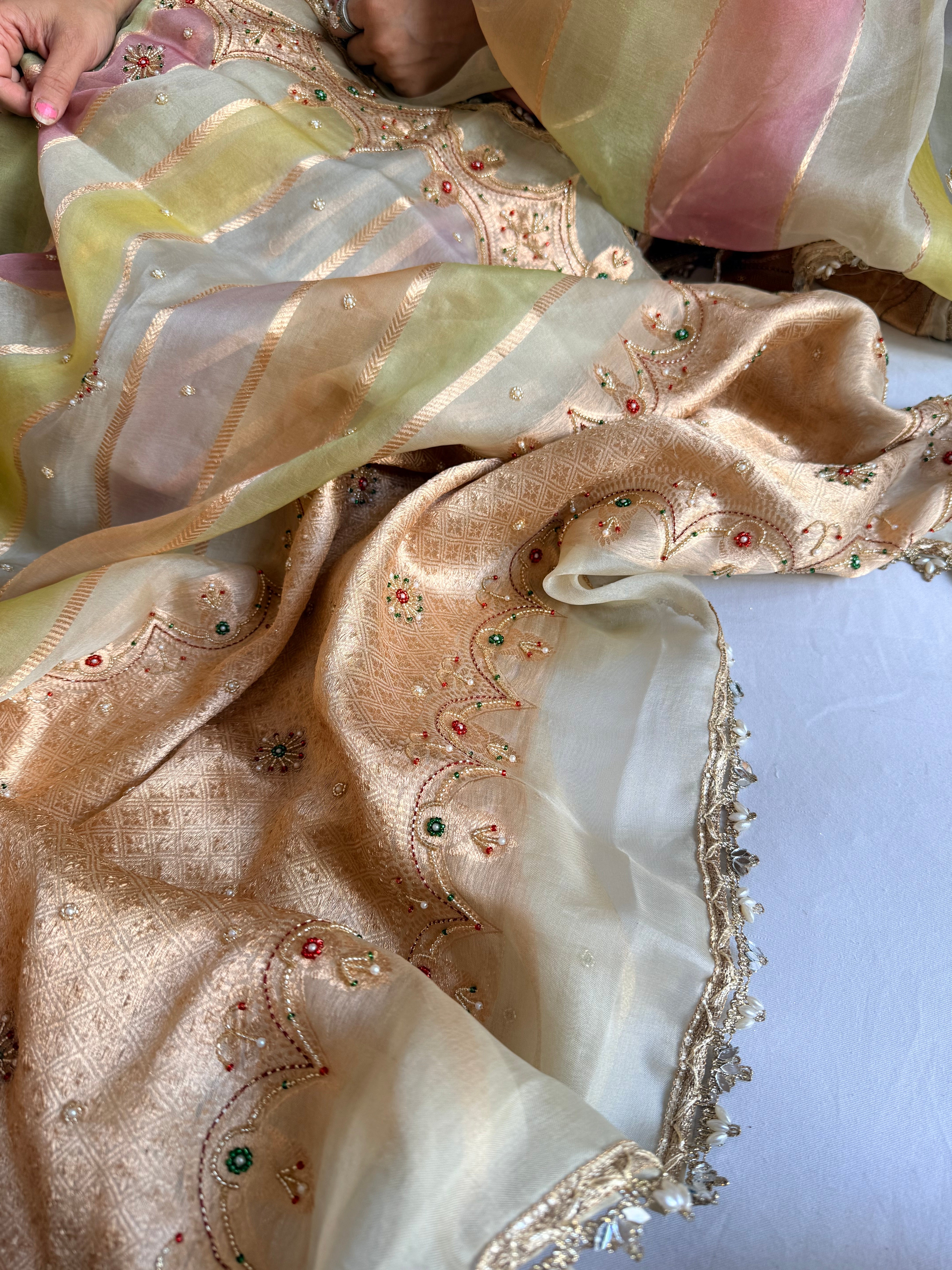 Rang birangi edit - Striped kora silk hand embroidered rangkaat saree
