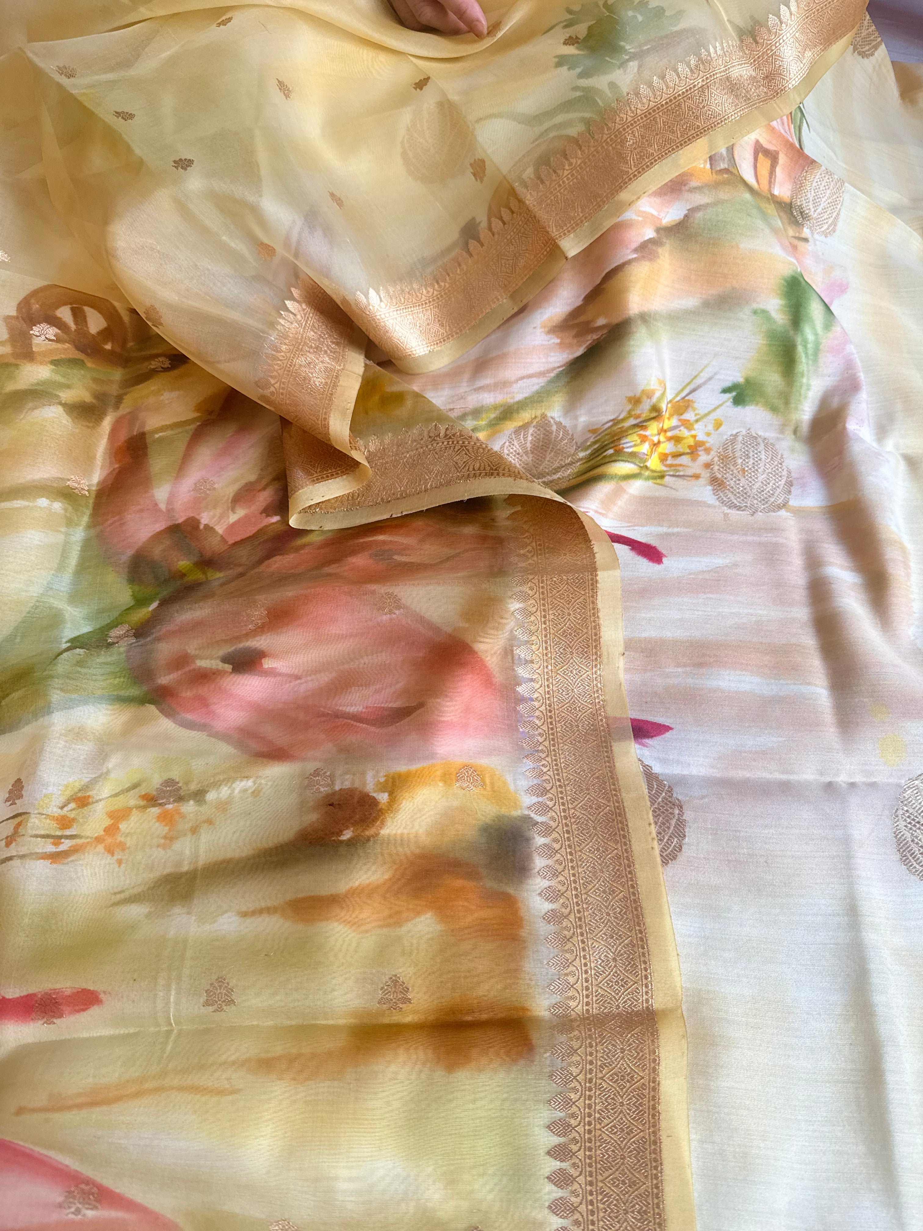 Banarasi kora silk handpainted ghatwork kadhwa buti rainbow dye suits