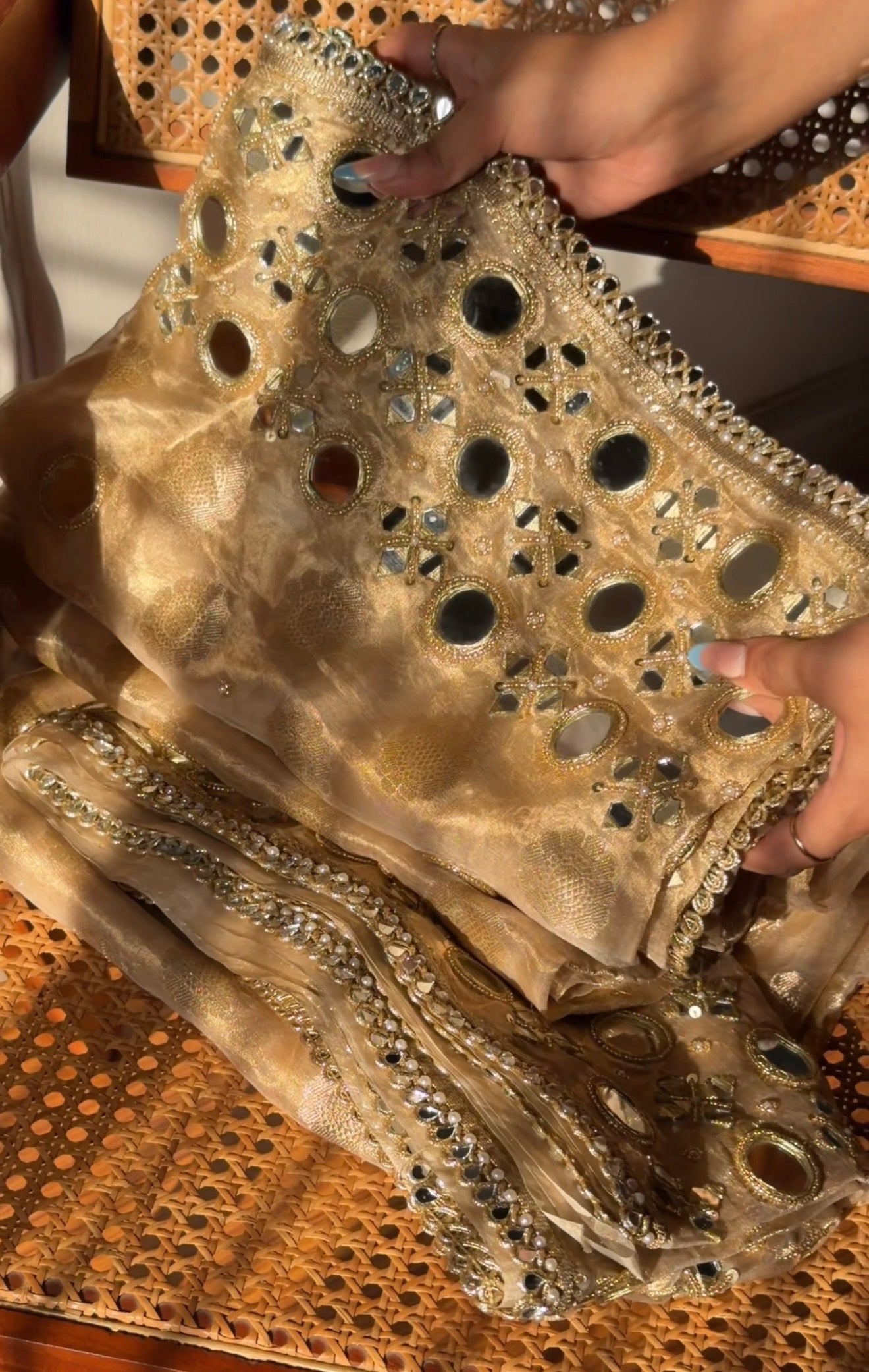 Butter gold kaanch wali mirrorwork hand embroidered tissue silk buti saree