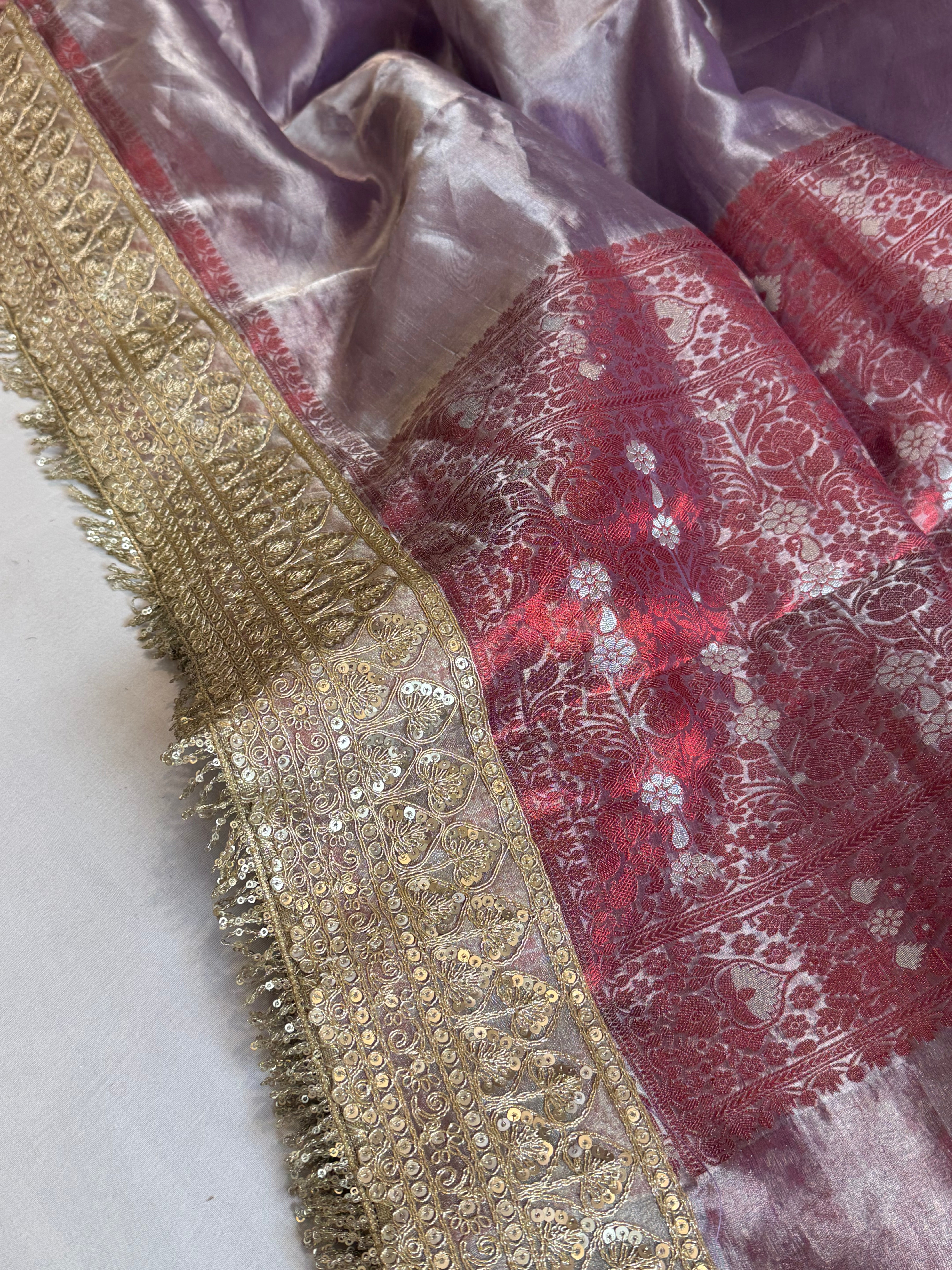 Maharani dreamy lavender tissue silk kadhwa meenakari saree