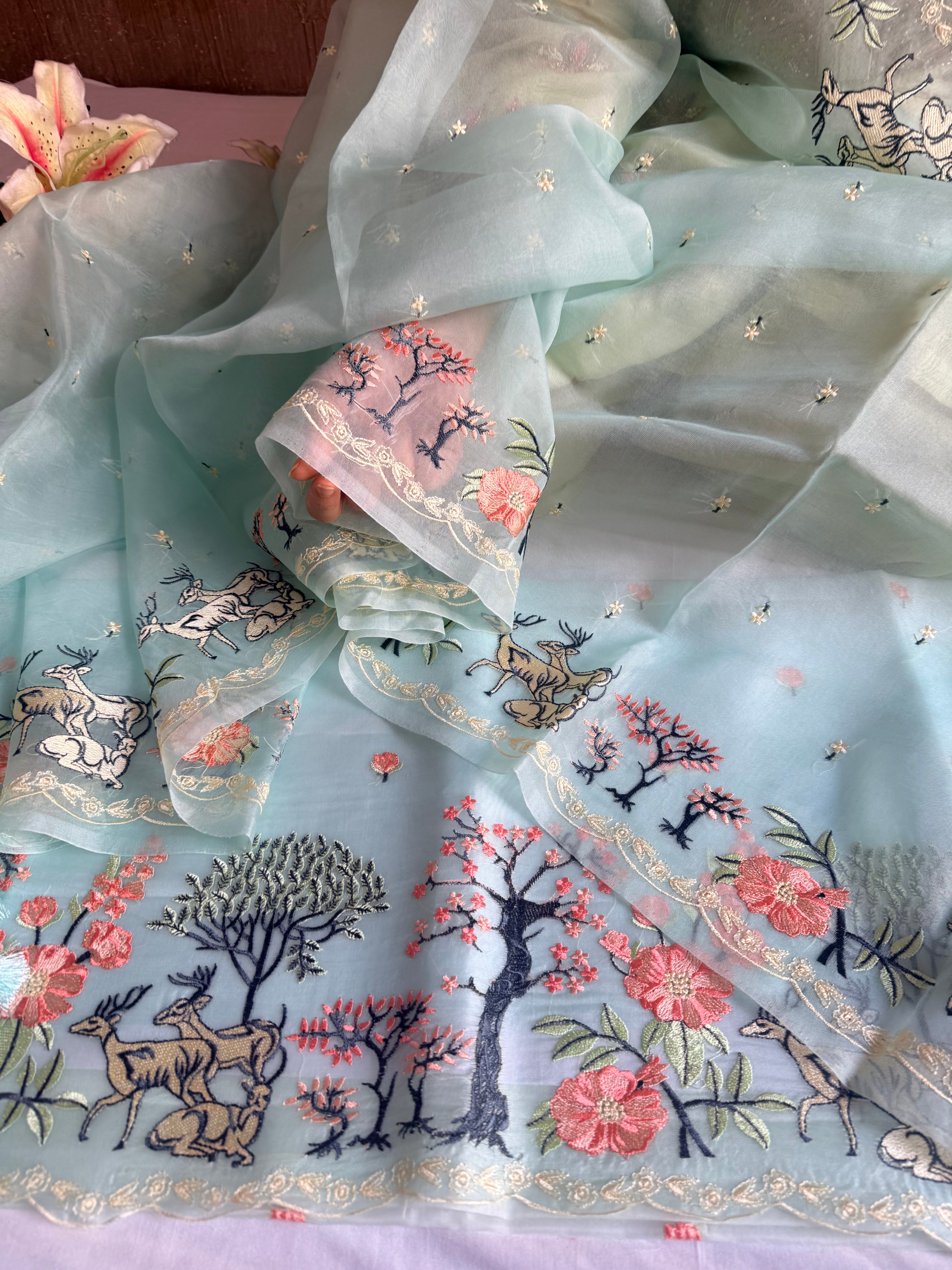 Parsigara kora silk bagh motif hand embroidered suit sets