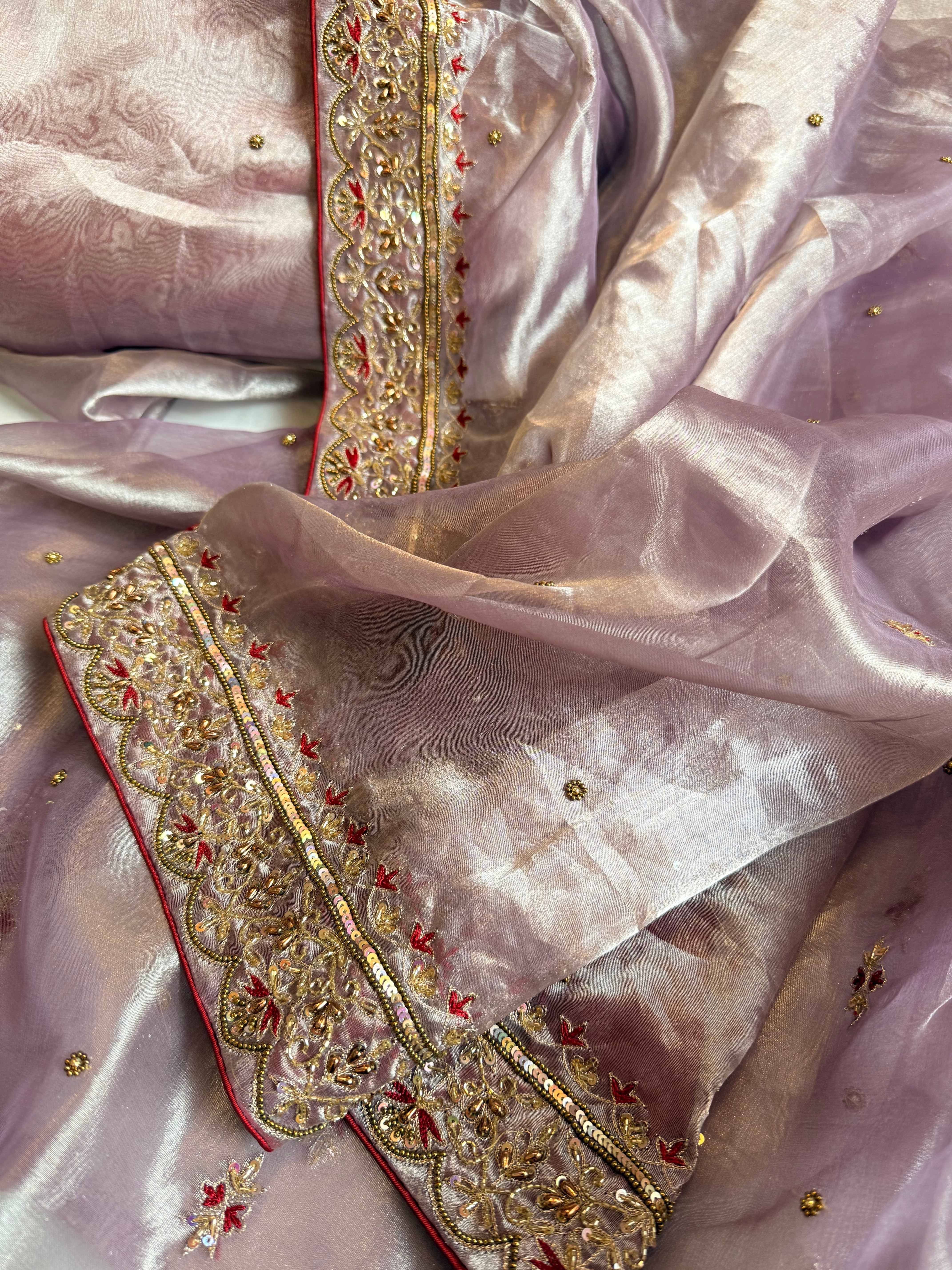 Dulhan wali saree edit lilac tissue silk hand embroidered saree