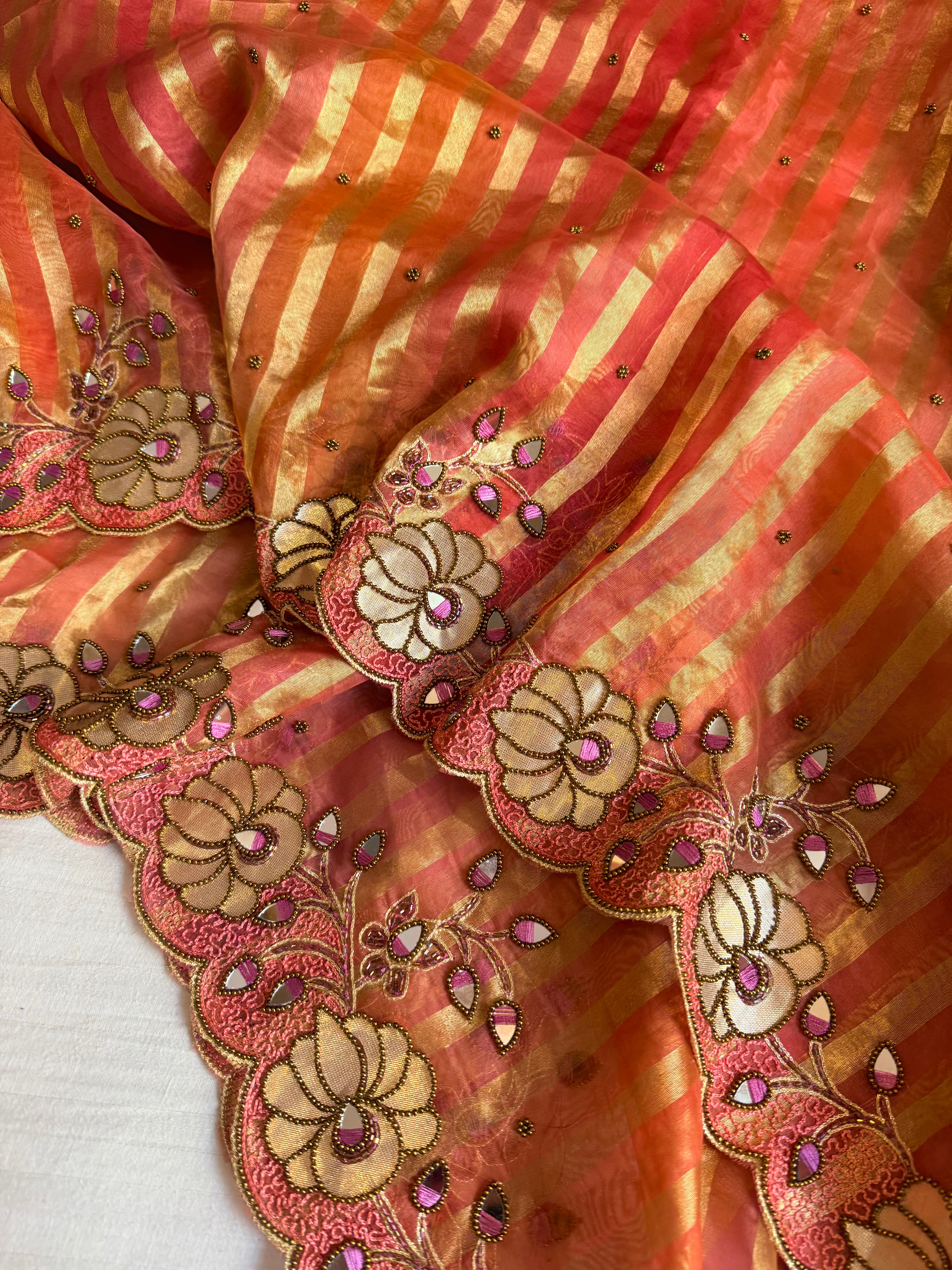 Phool wali rangeen tissue silk striped rangkaat hand embroidered saree