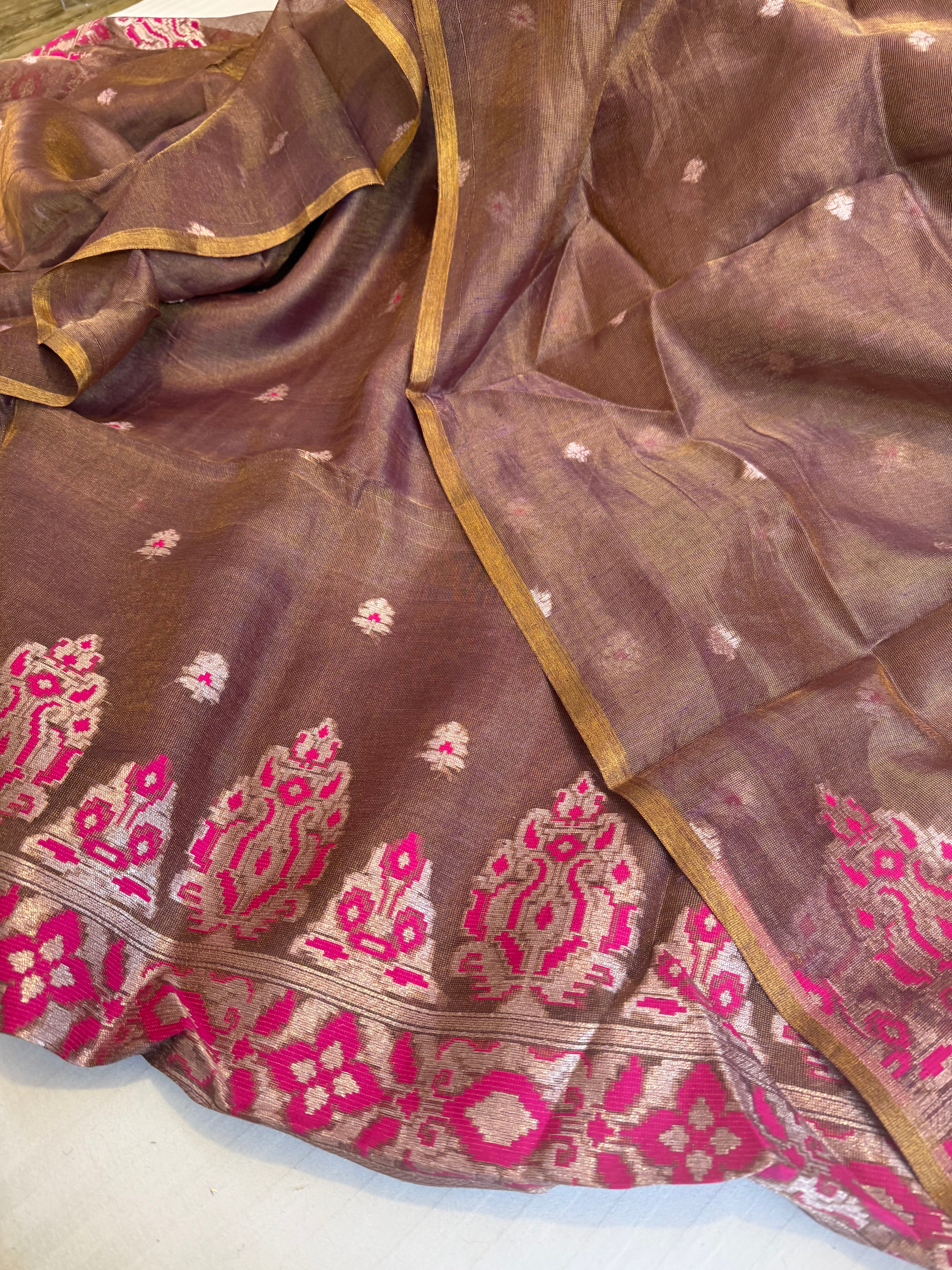 Linen tissue meenakari rose brown kadhwa suit sets