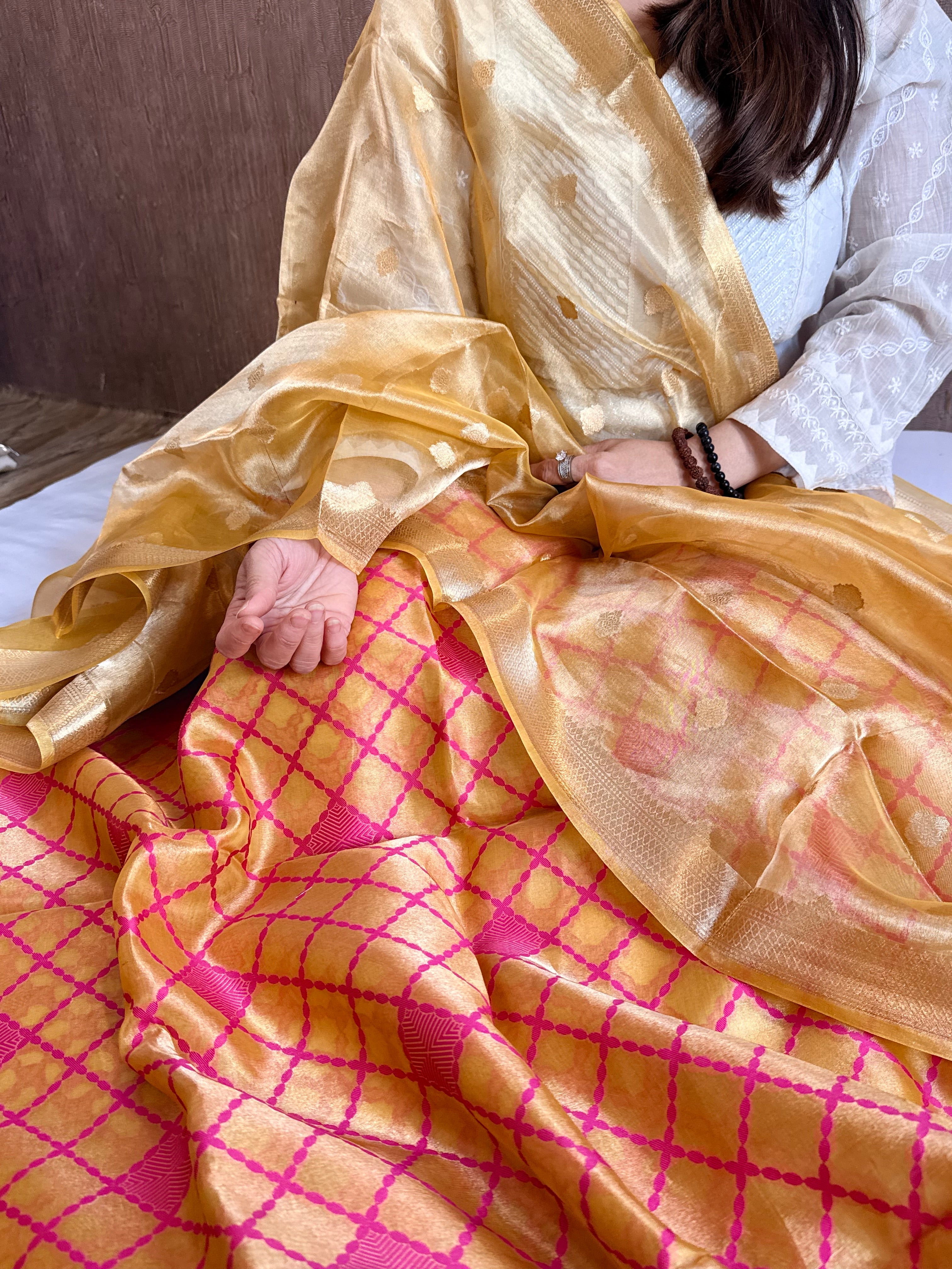 Below 10k - Haldi yellow tissue silk meenakari weaving suit set