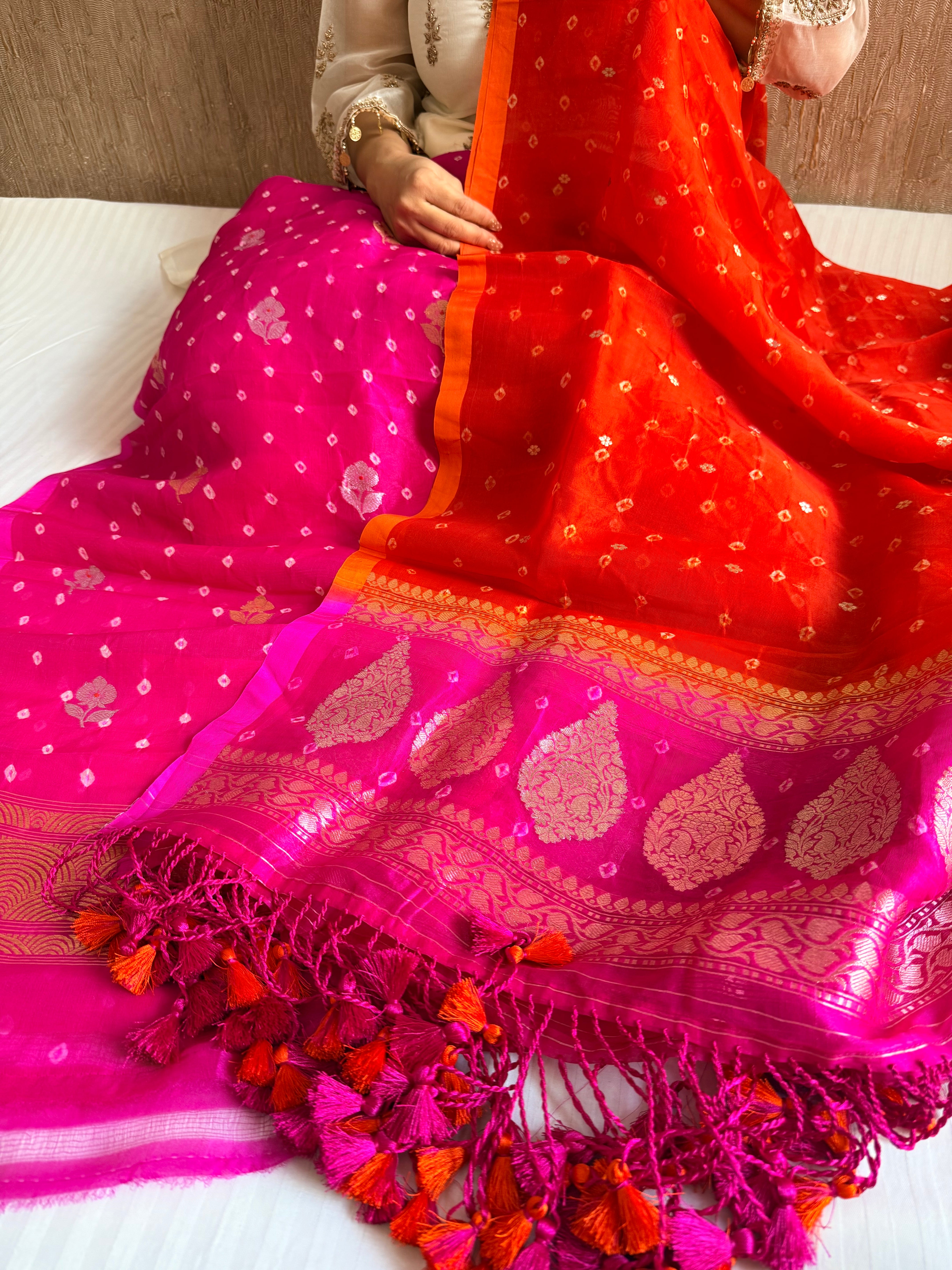 Bandhej dye banarasi kora silk rani-orange kadhwa buti suit set