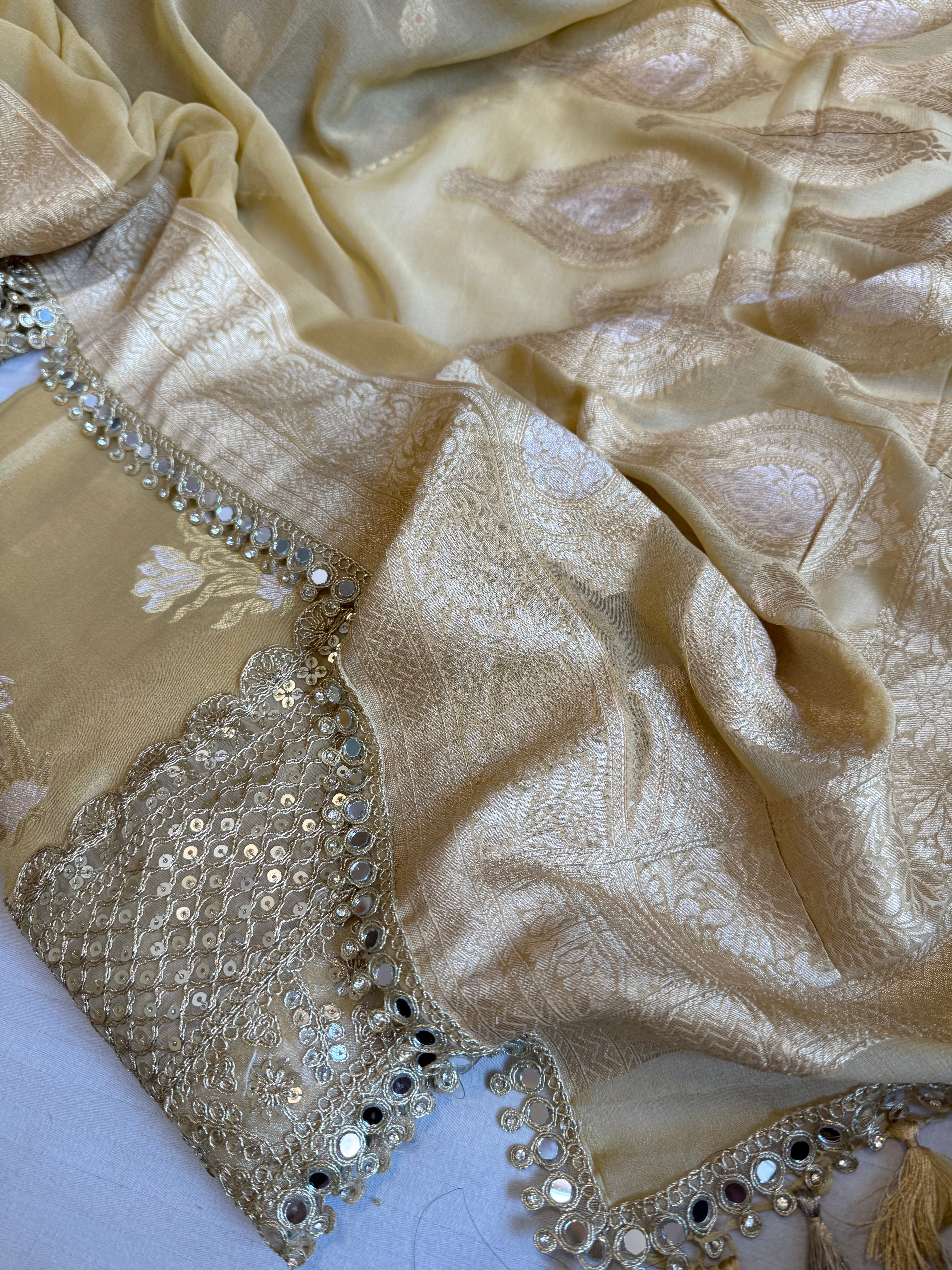 Banarasi dusty gold gorgette mirror work gotapatti suit set