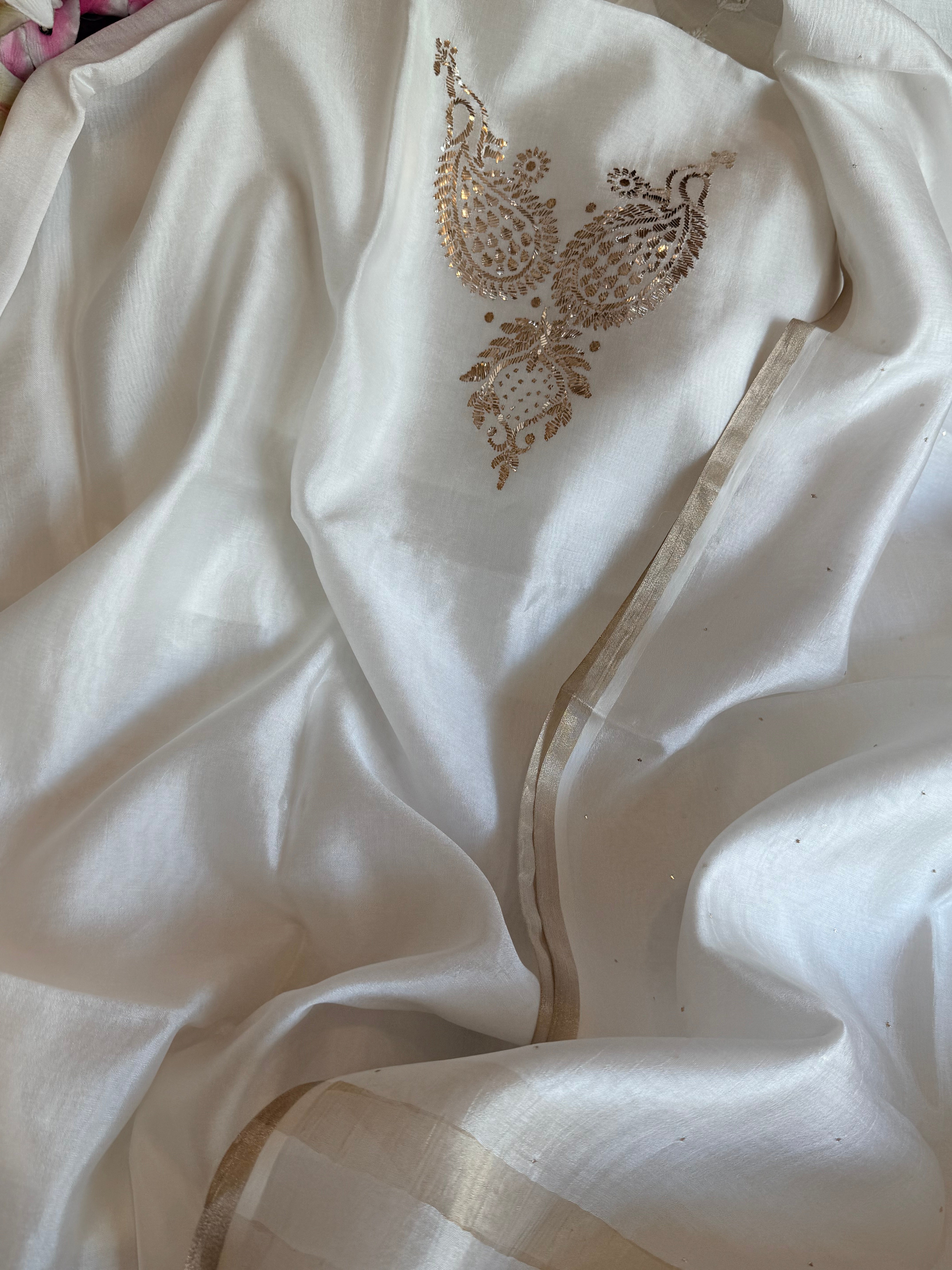 Pearl white spun chiniya silk mukaish hand embroidered suit sets