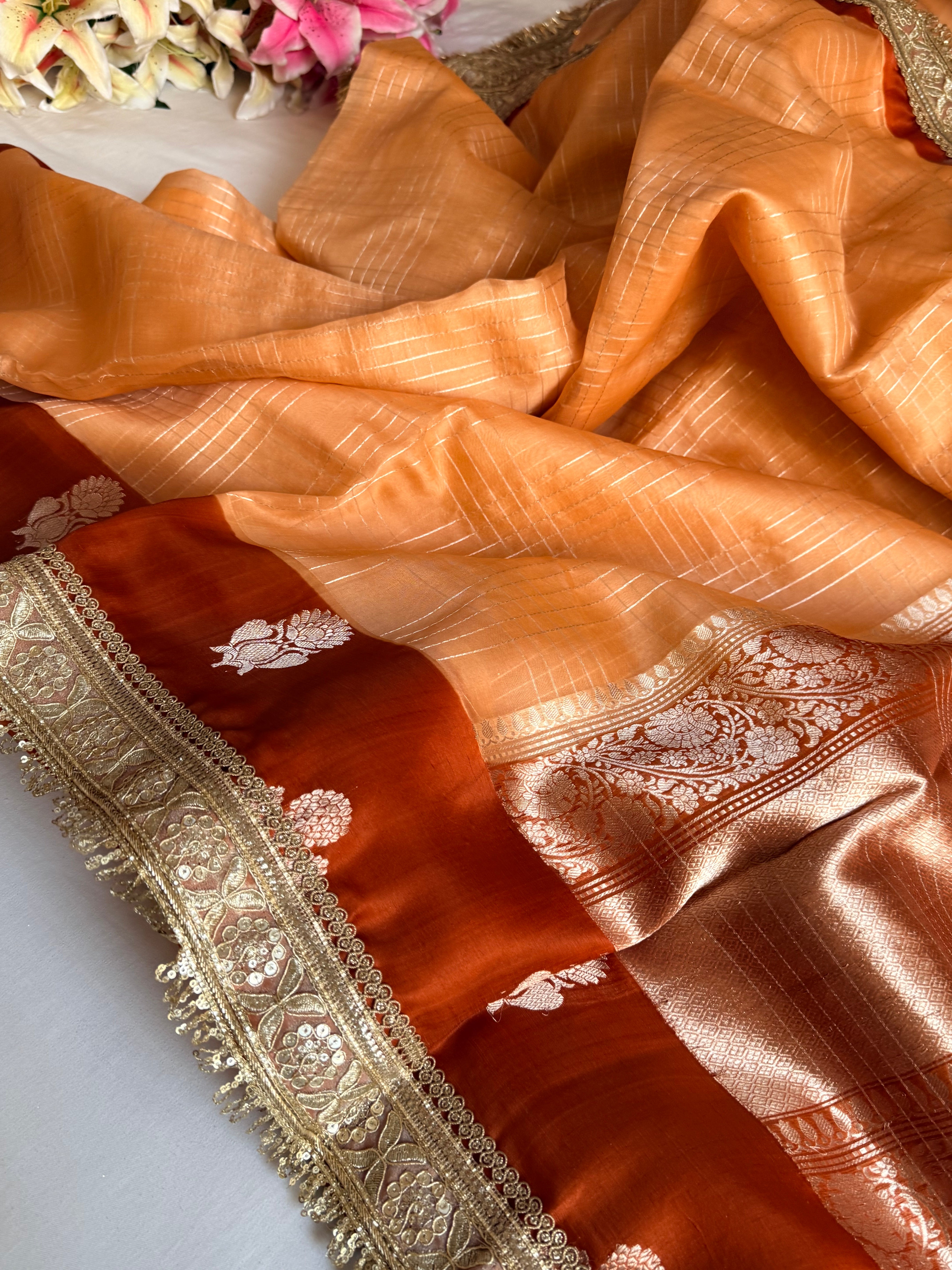 Banarasi leela burnt orange-red kora silk kadhwa saree