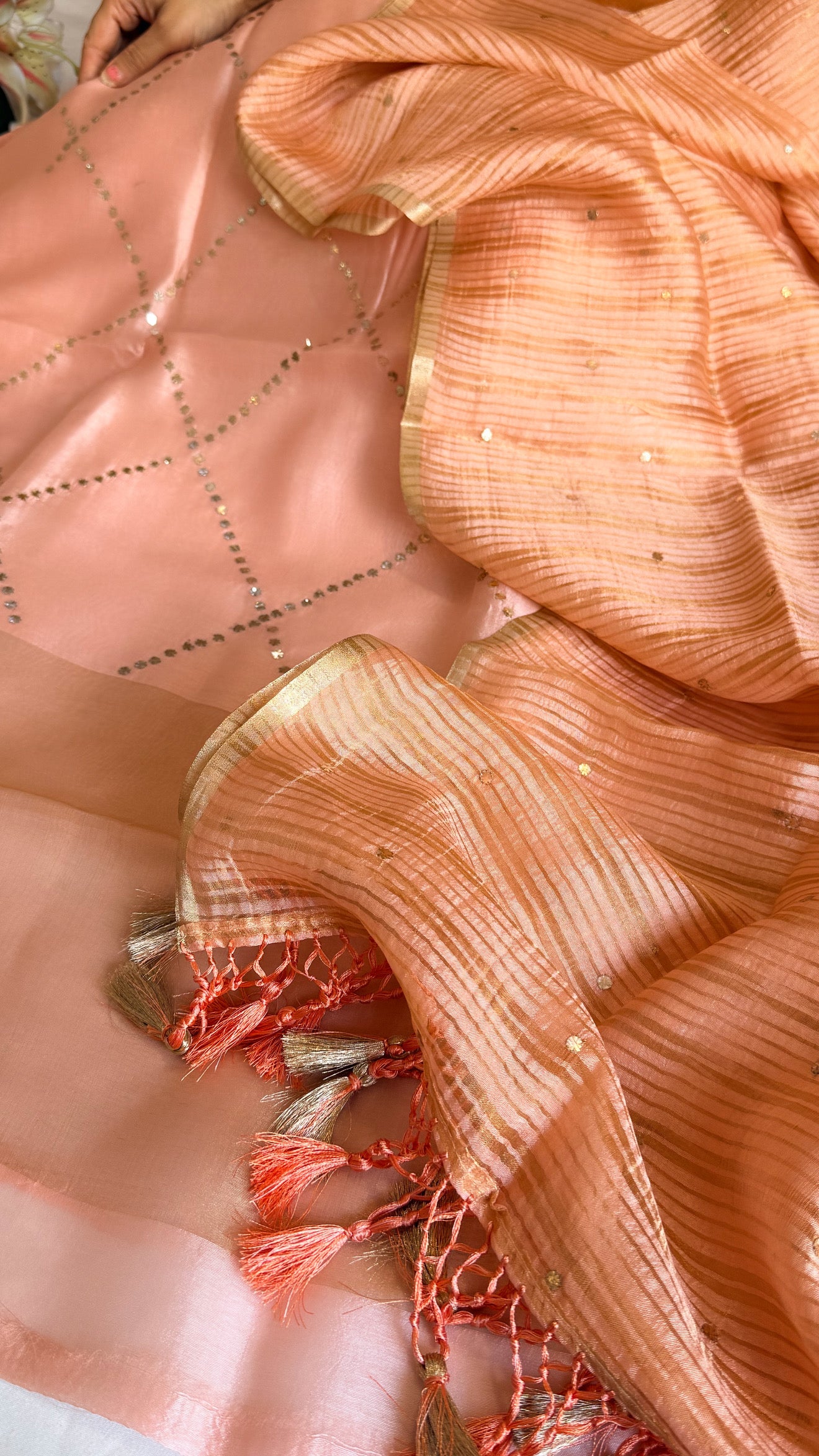 Summer suit edit - Spun chiniya silk mukaish work peach shade hand embroidered suit set