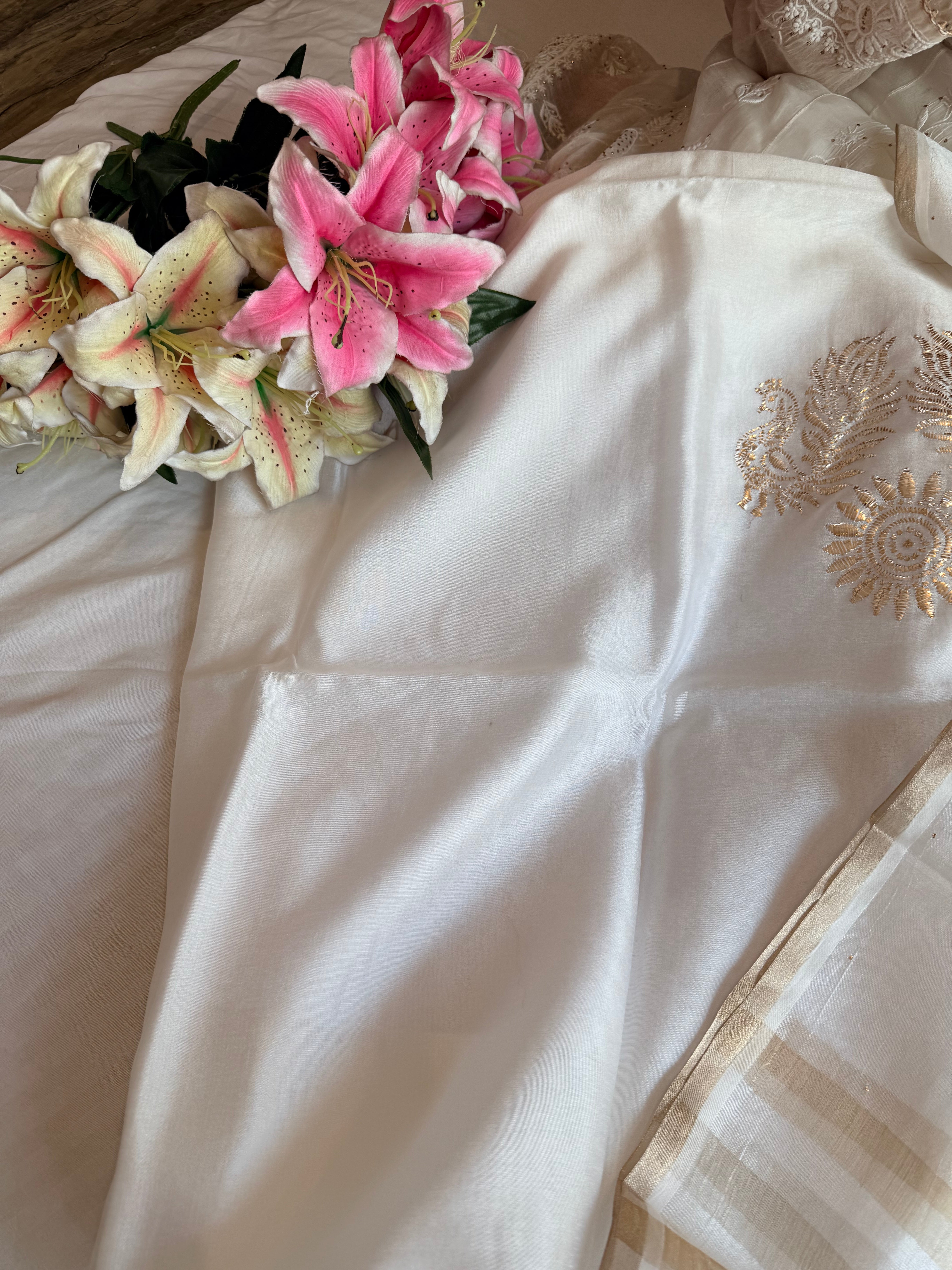 Pearl white spun chiniya silk mukaish hand embroidered suit sets