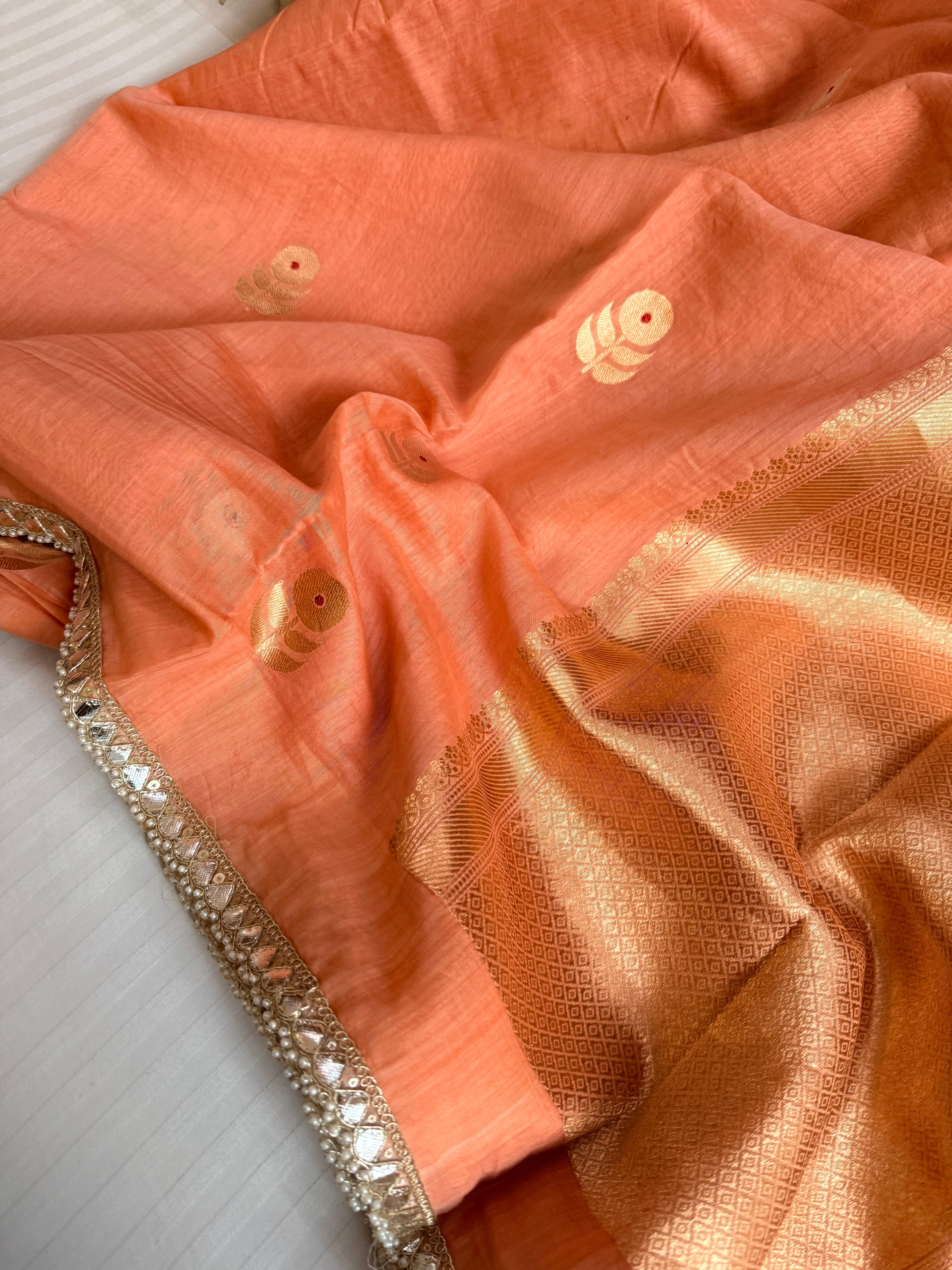 Handloom mulmul cotton silk saree with lampi gota border
