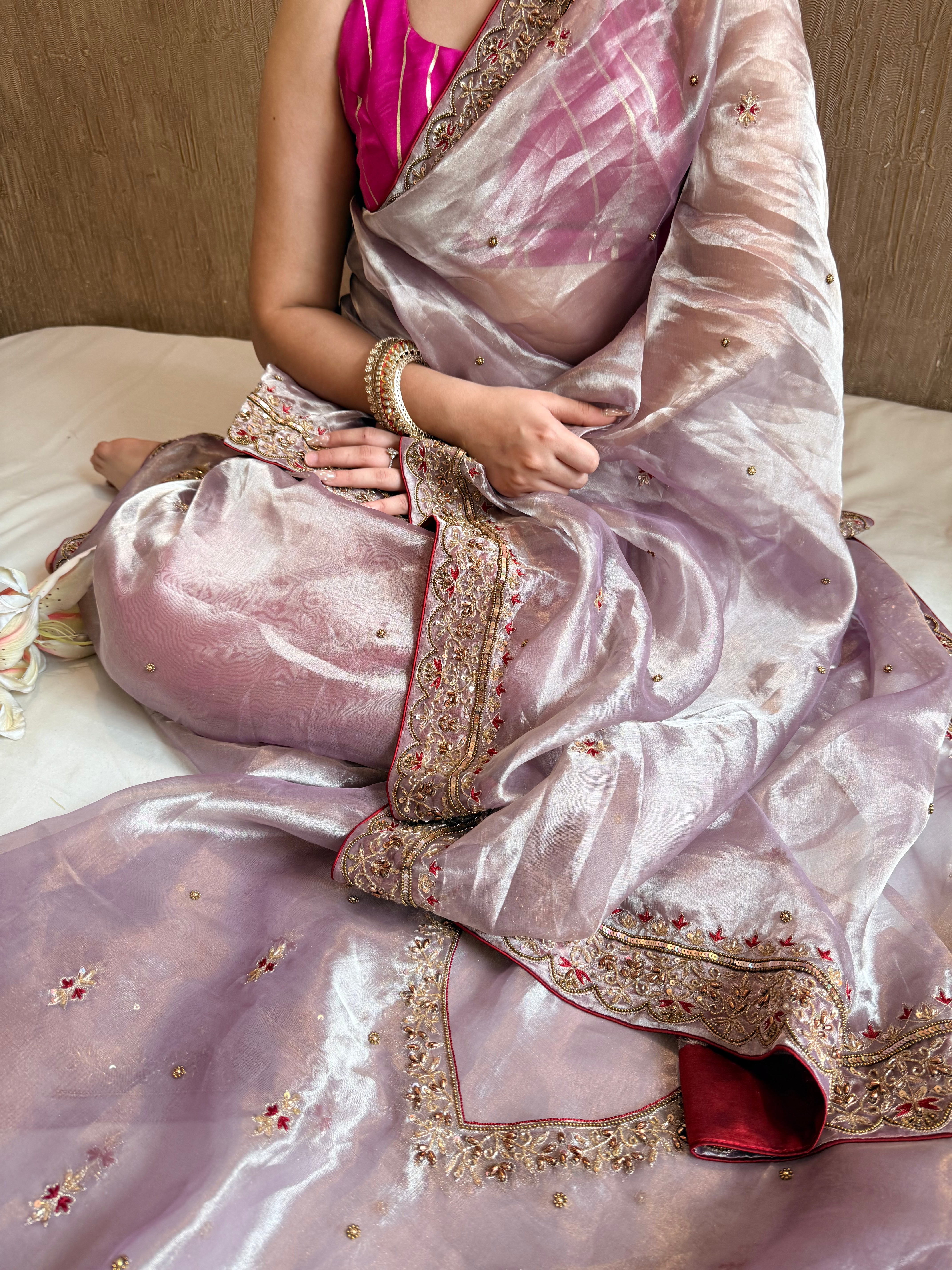 Dulhan wali saree edit lilac tissue silk hand embroidered saree