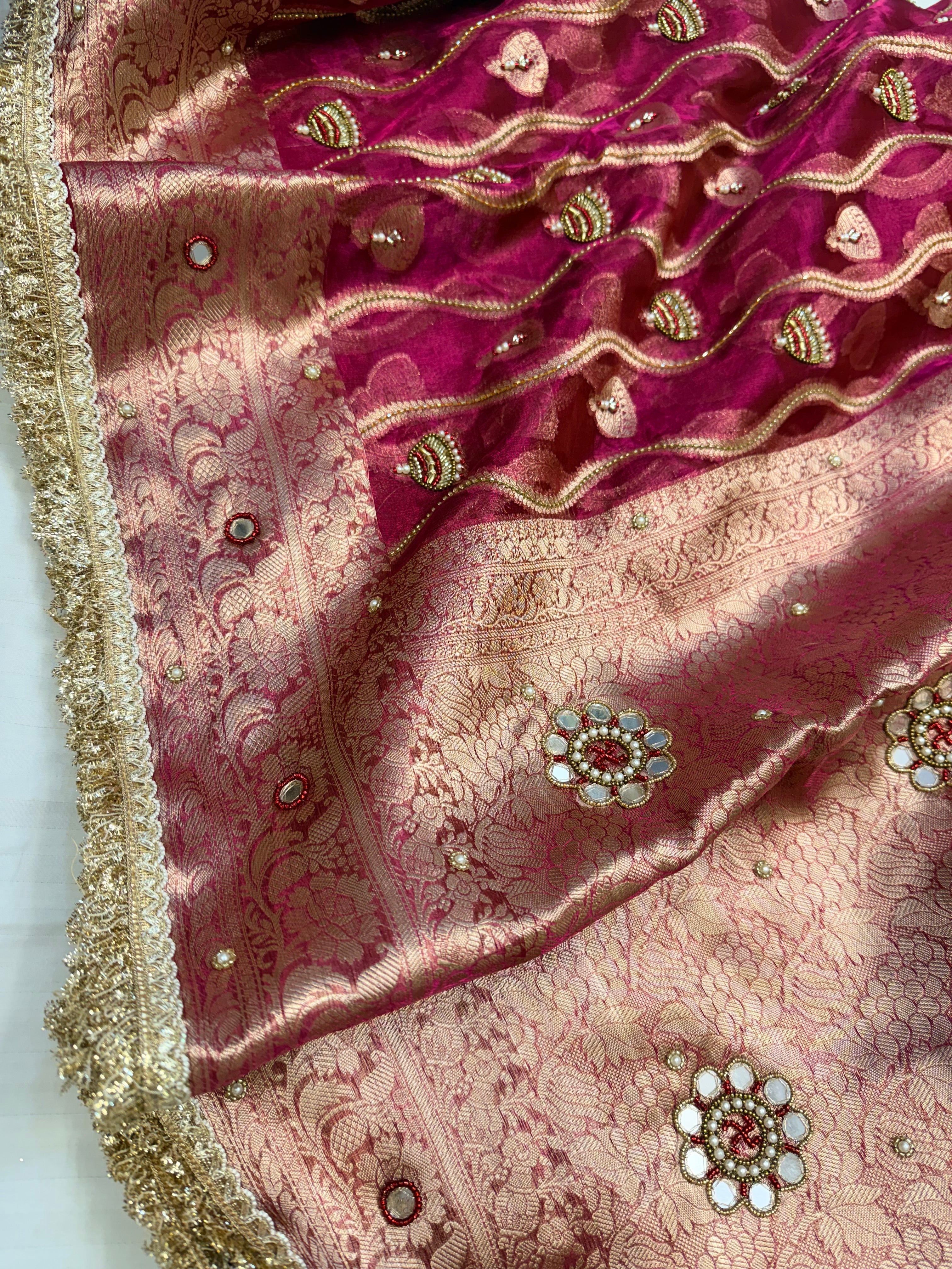 Hot pink metallic husn tissue silk jaalwork hand embroidered saree