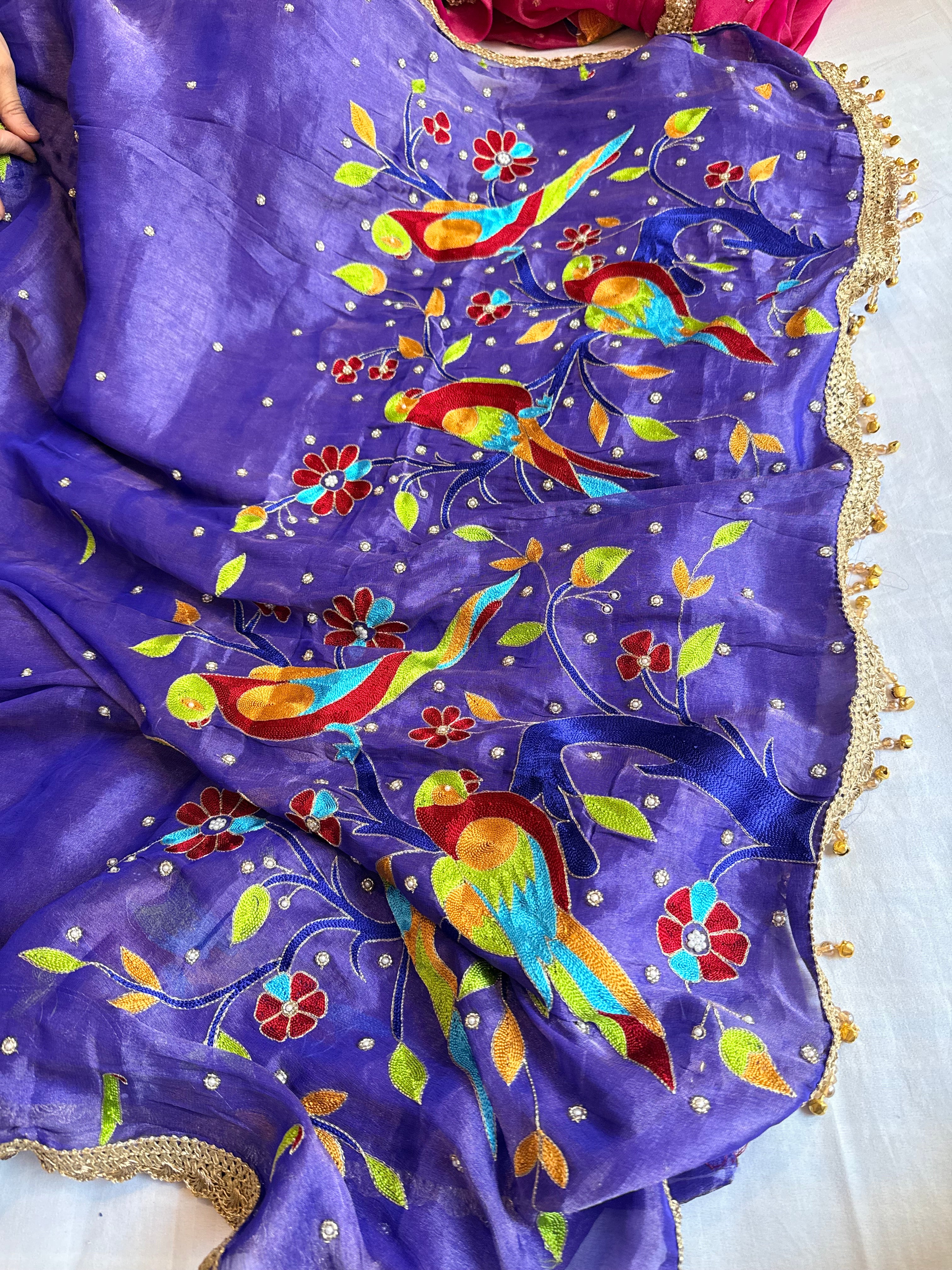 Ink purple tissue gorgette paithani meenakari hand embroidered saree