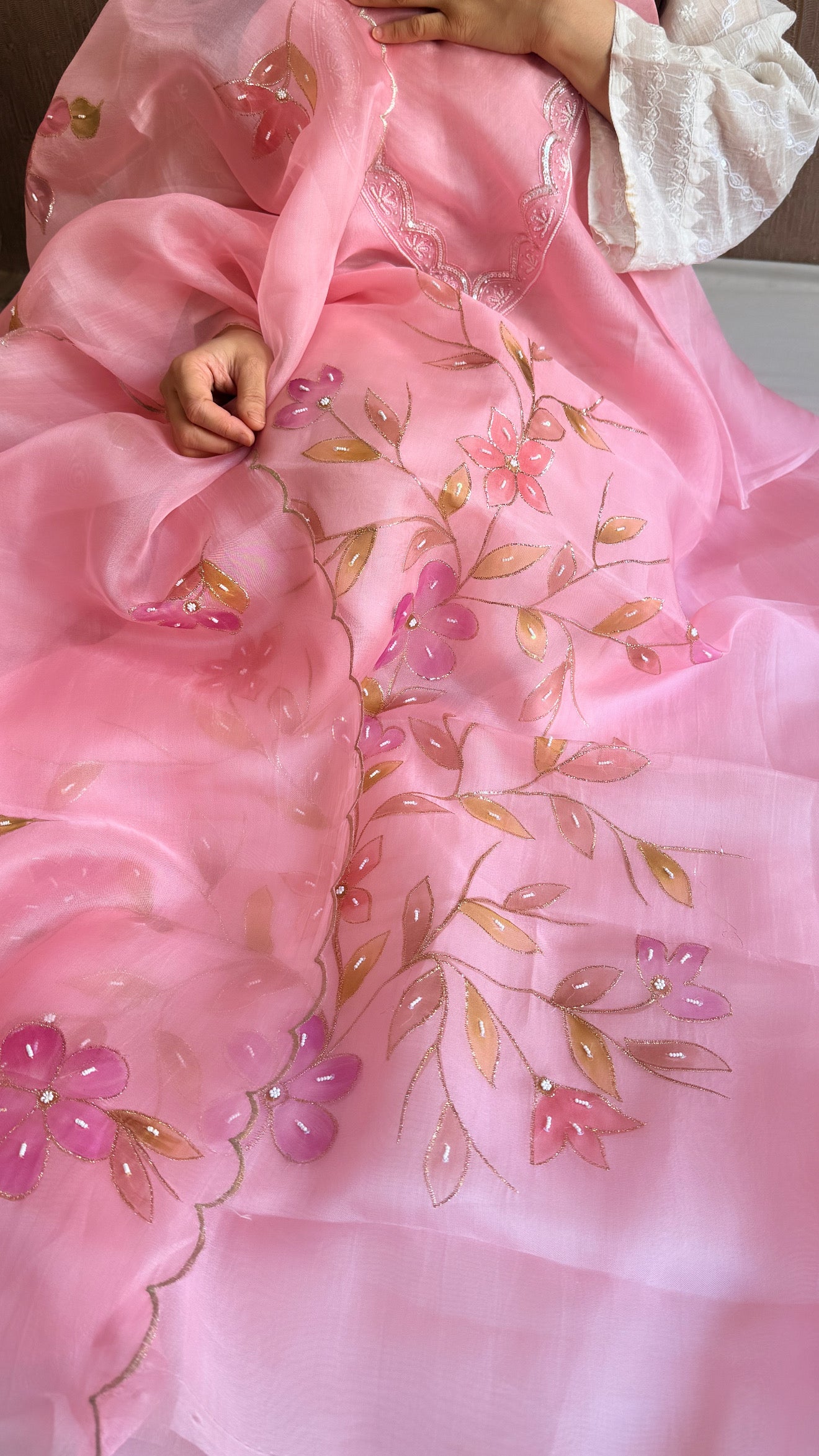 Baagicha edit - Banarasi kora silk handpainted floral hand embroidered suit set