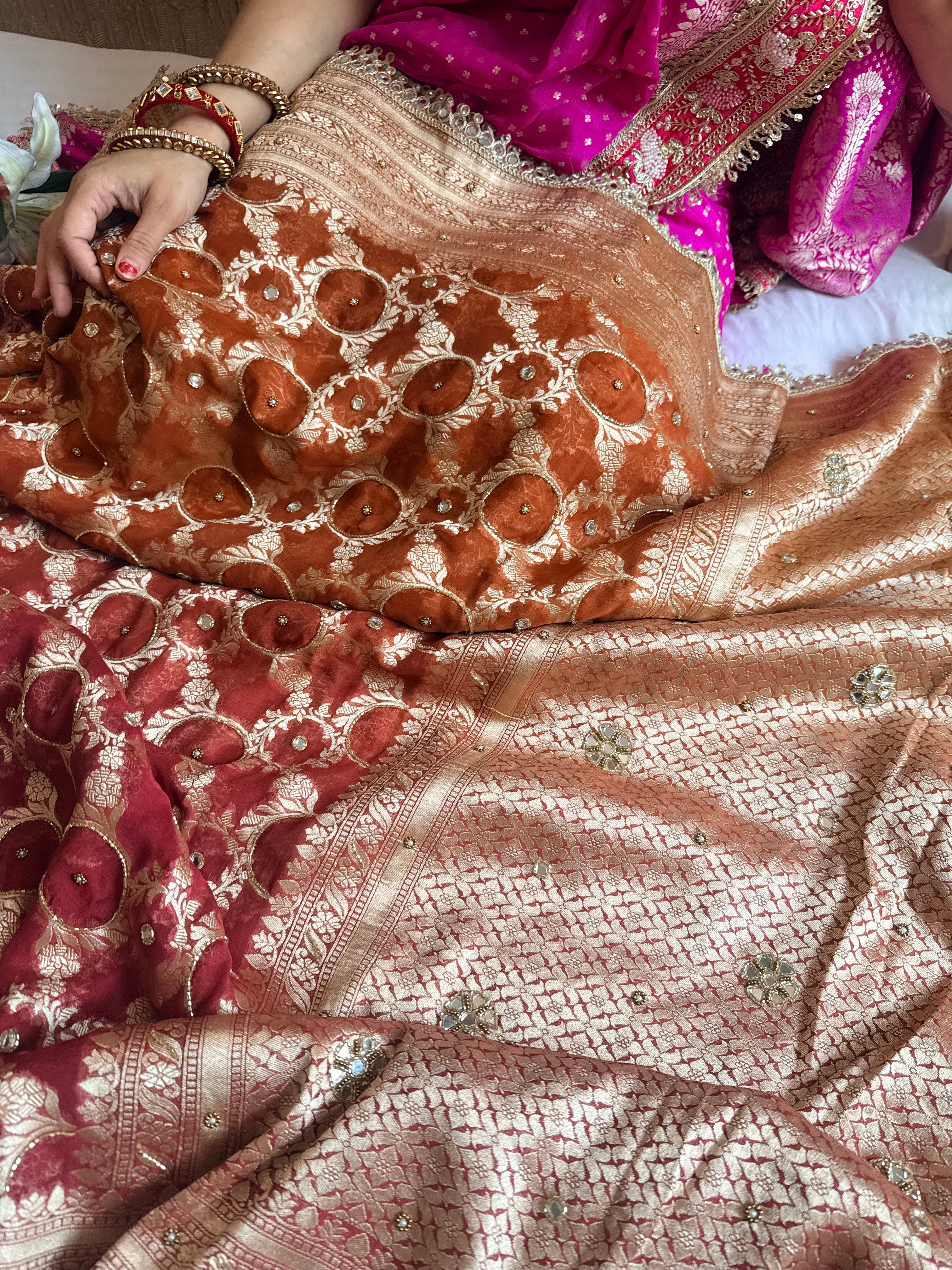 Chiffon gorgette rust red ombre shaded hand embroidered kadhwa saree