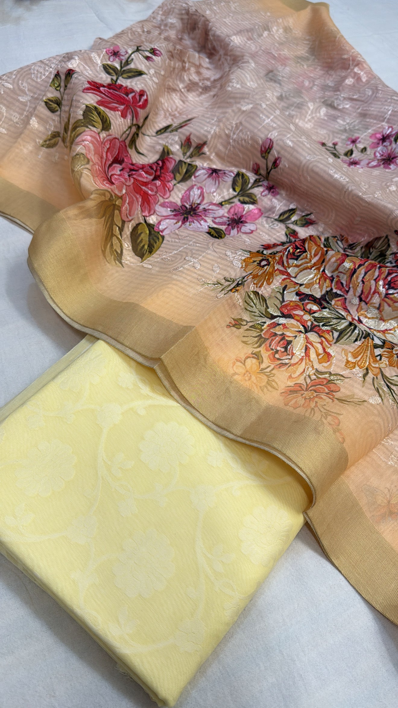Lime yellow mul cotton banarasi kadhwa buti suit set