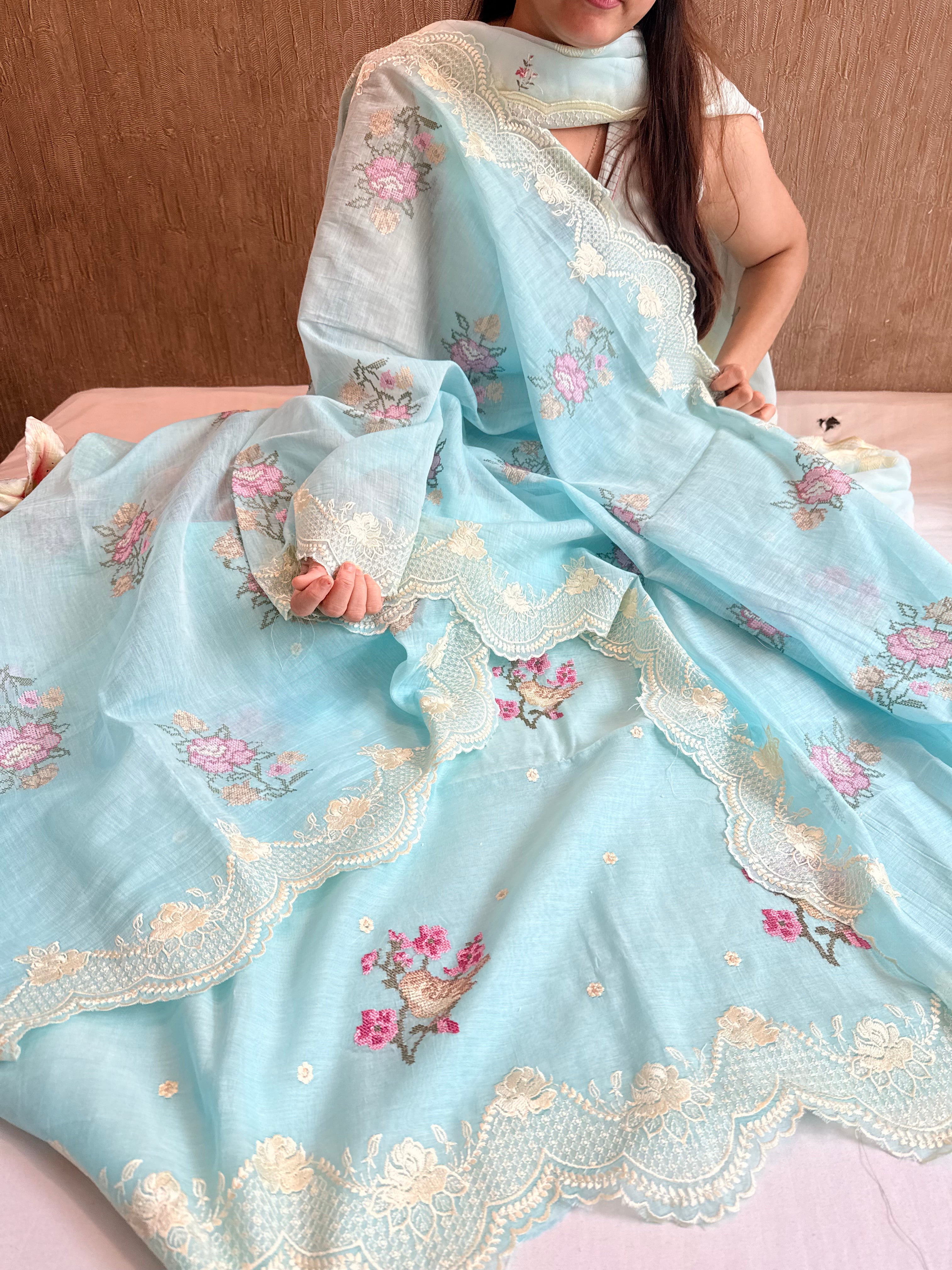 Blush blue cross-stitch hand embroidered resham work suit set