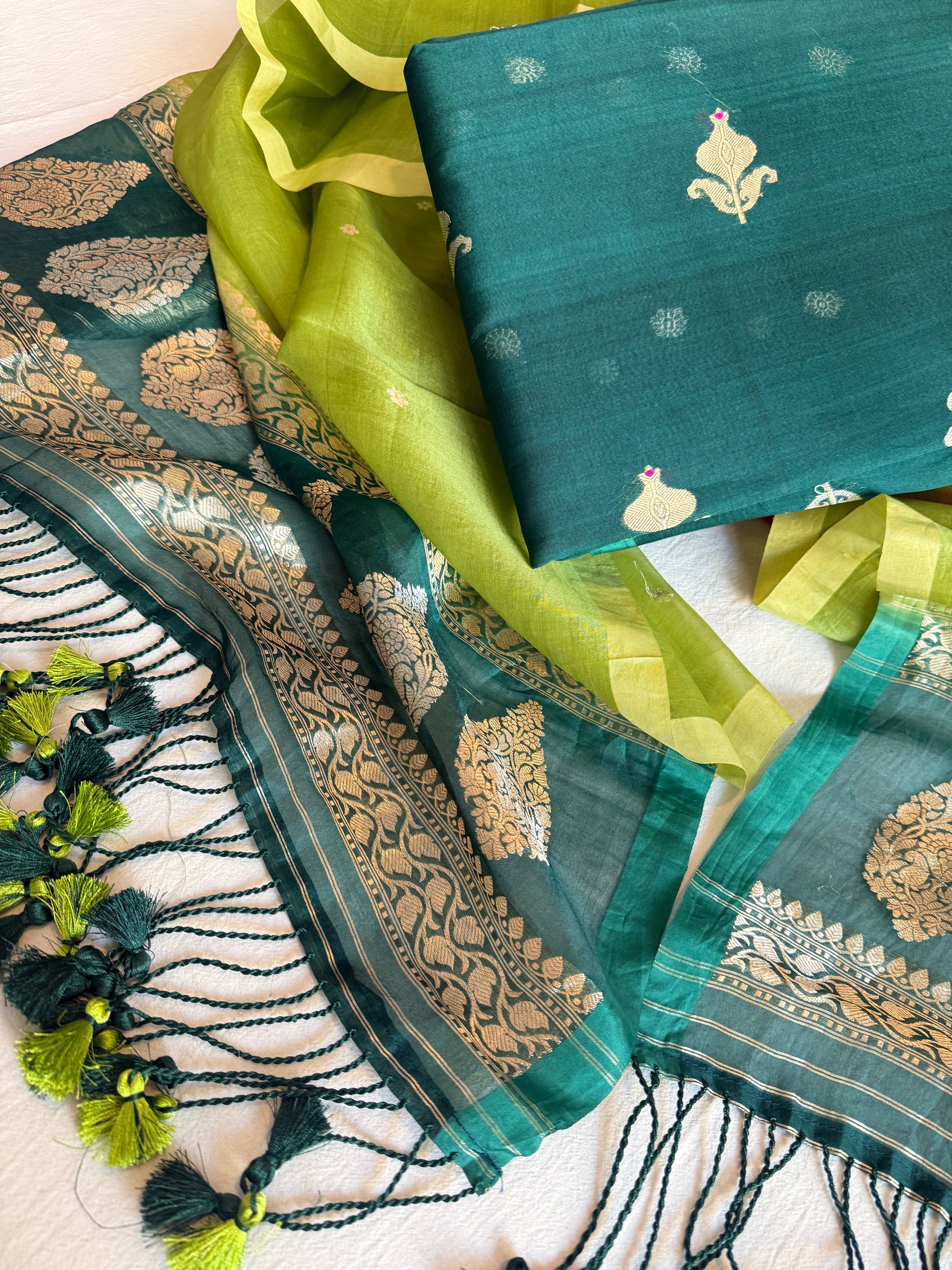 Olive green-bottle green shaded kora silk chal dye kadhwa banarasi suit set