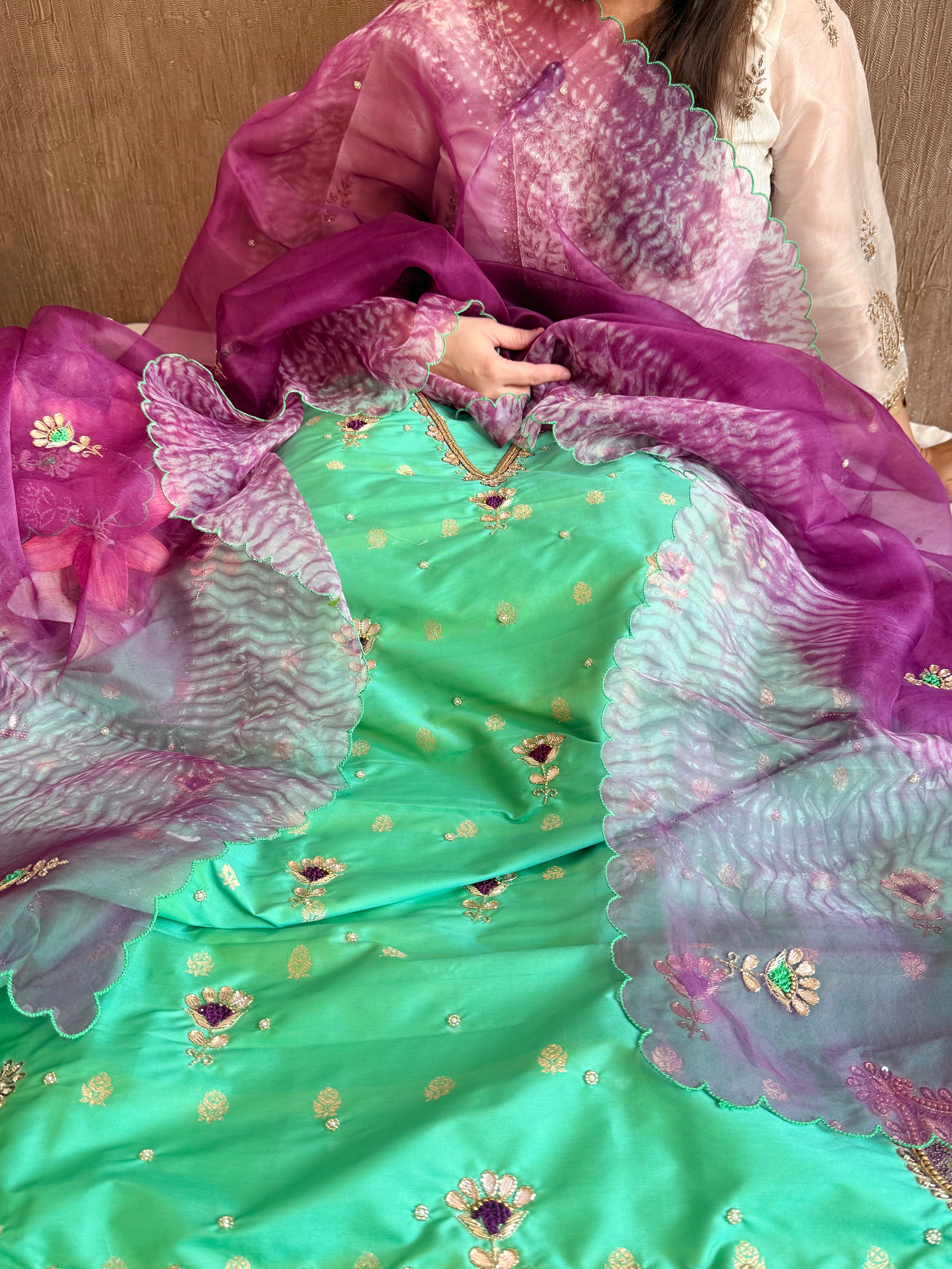 Katan silk hand embroidered banarasi kurta paired with kora silk duppata
