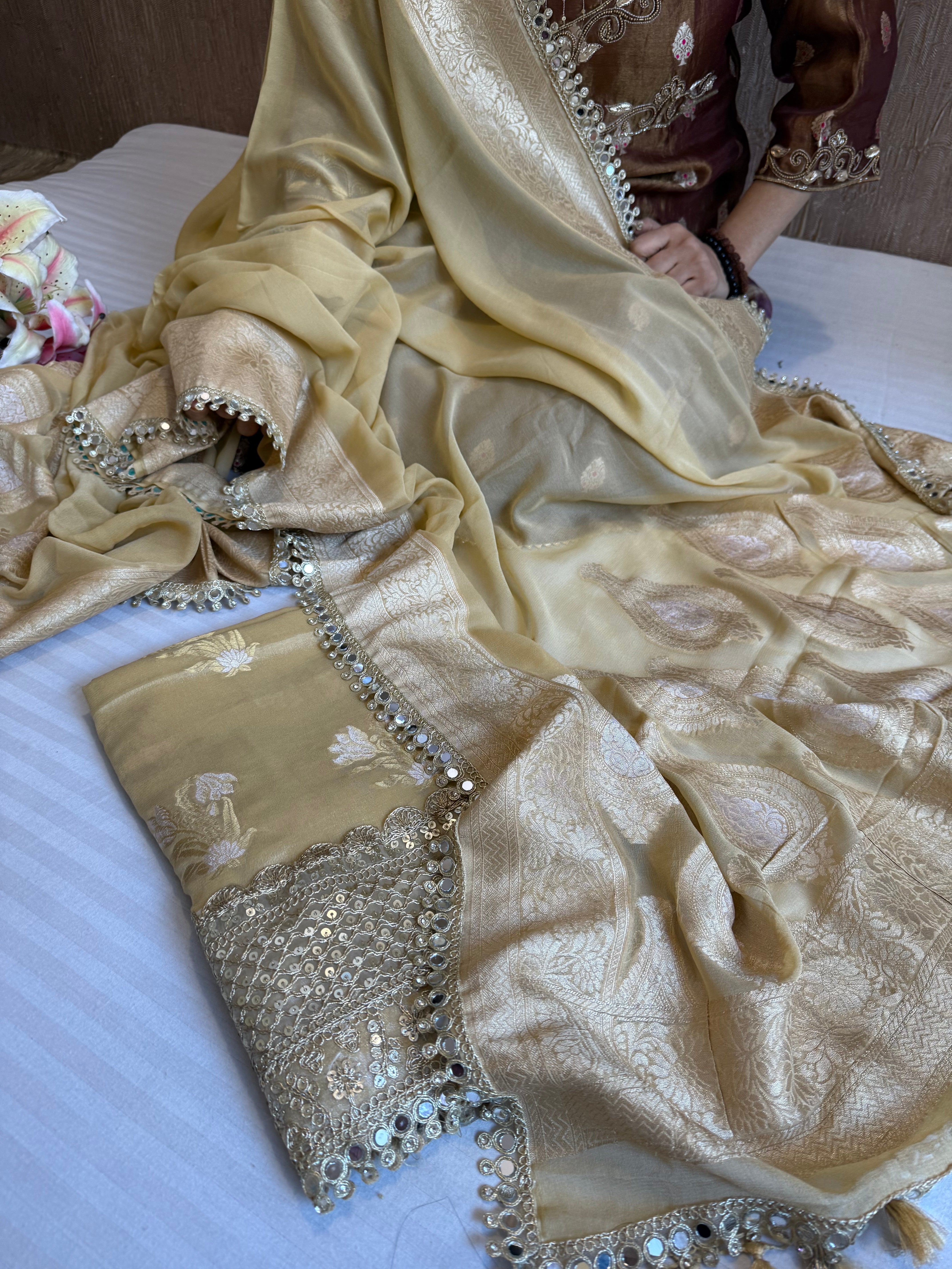 Banarasi dusty gold gorgette mirror work gotapatti suit set
